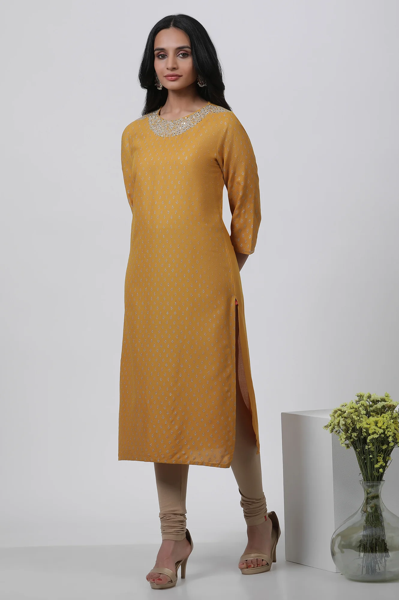 Yellow Embroidered Kurta And Churidar Set - Image 3