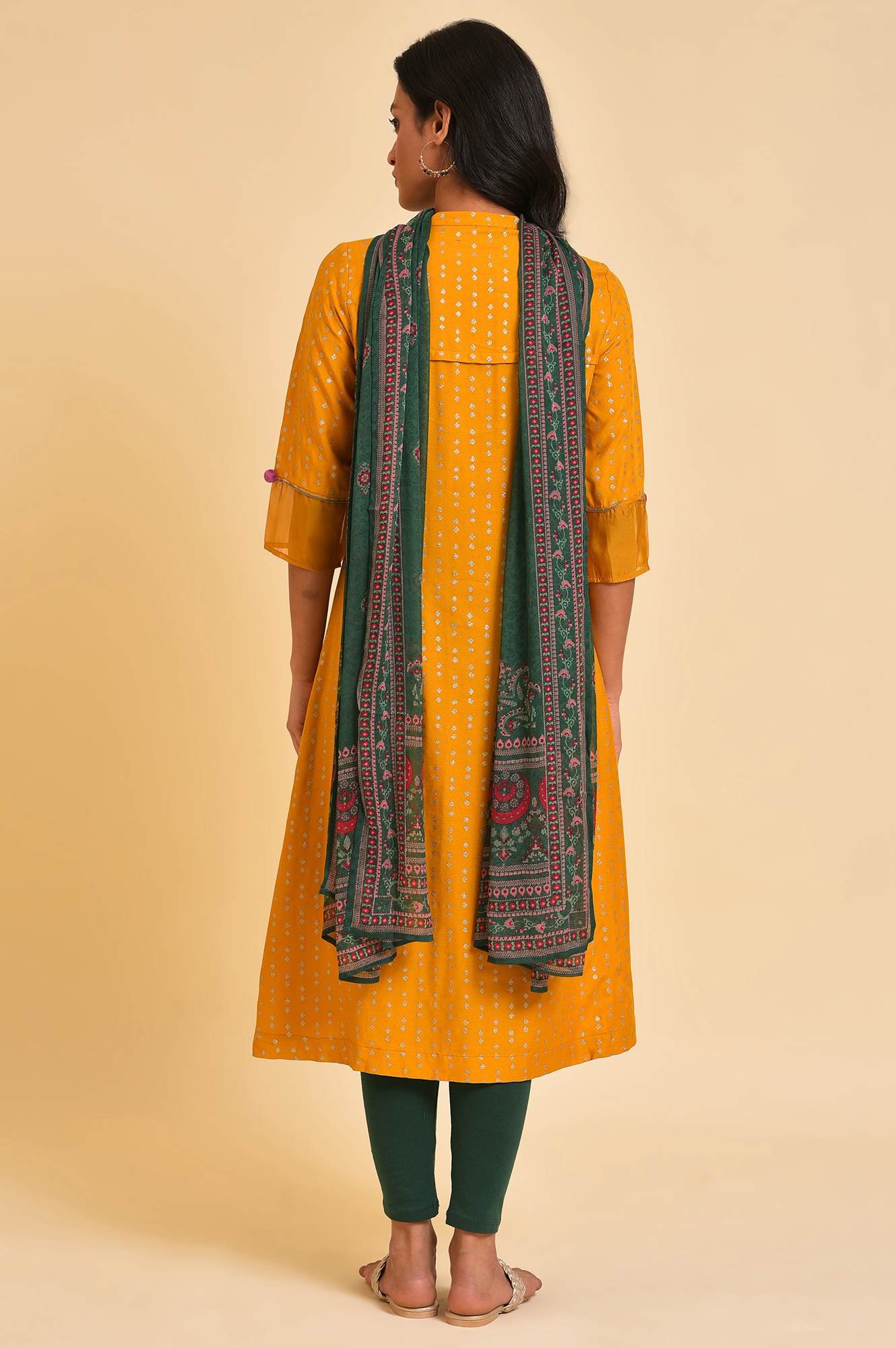 Yellow Embroidered kurta, Tights & Dupatta Set - Image 2