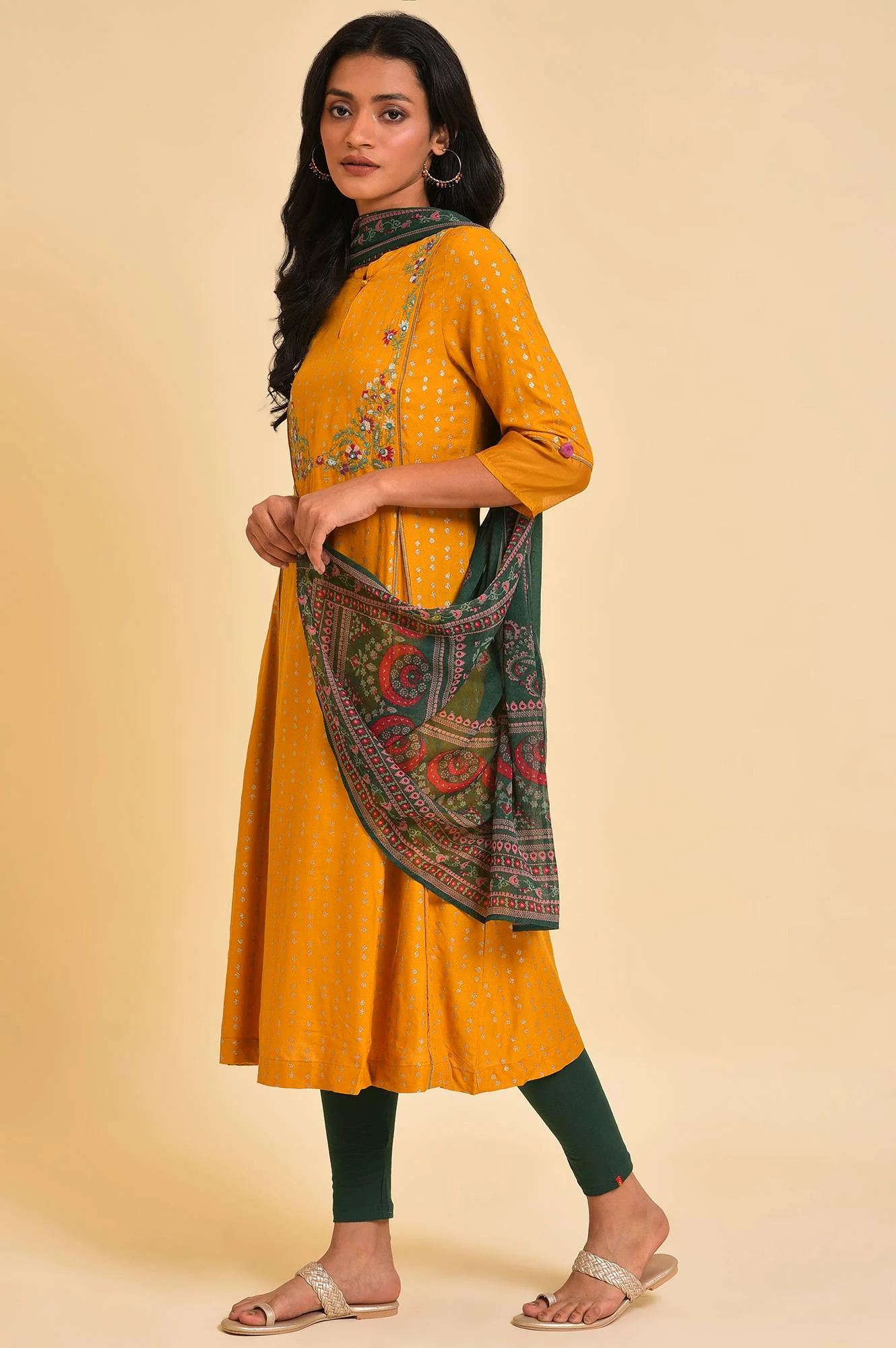 Yellow Embroidered kurta, Tights & Dupatta Set - Image 3