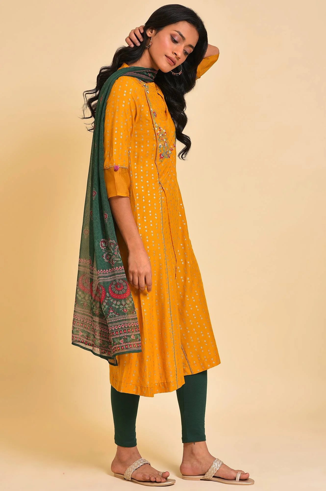 Yellow Embroidered kurta, Tights & Dupatta Set - Image 4