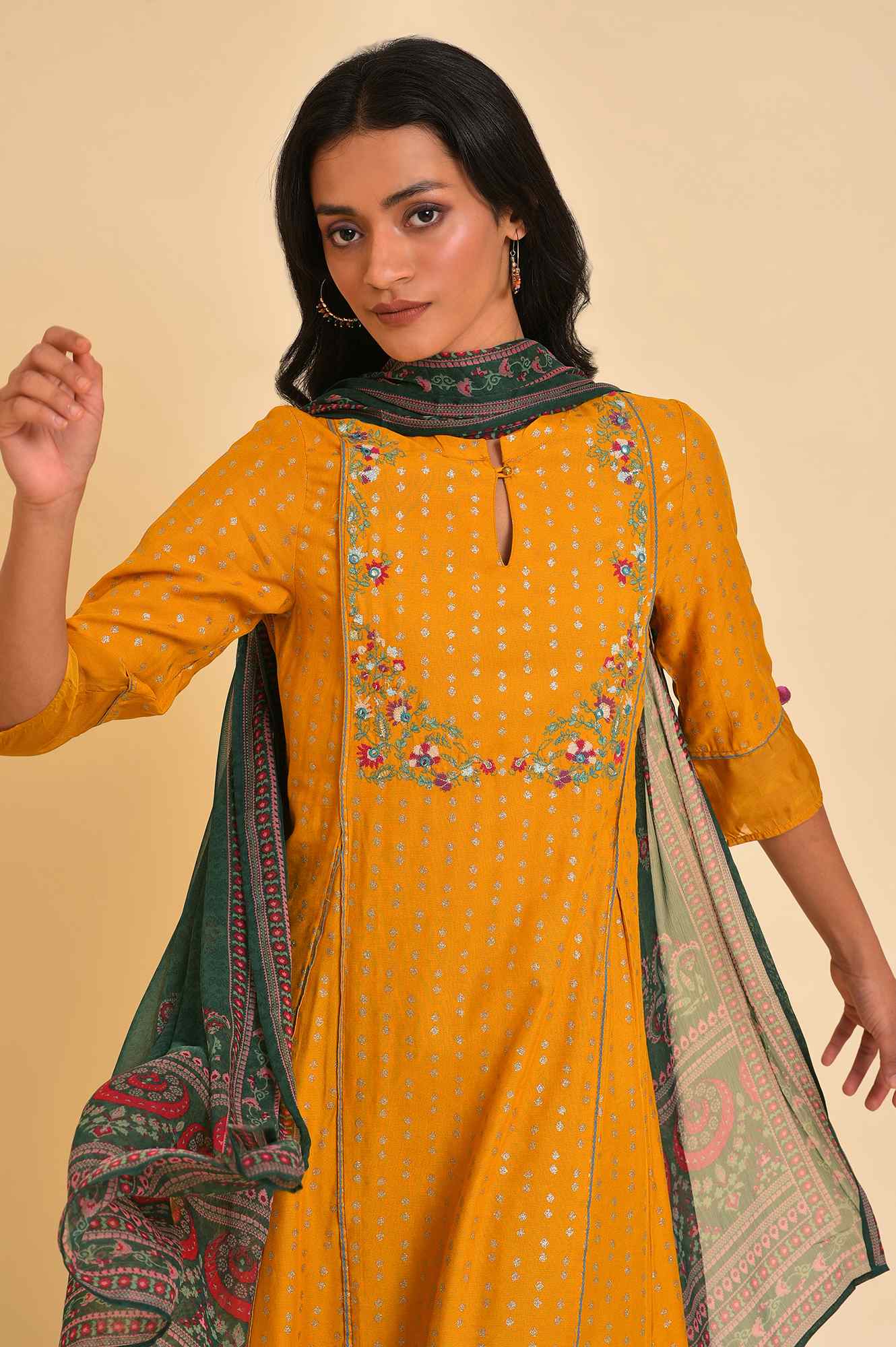 Yellow Embroidered kurta, Tights & Dupatta Set - Image 5