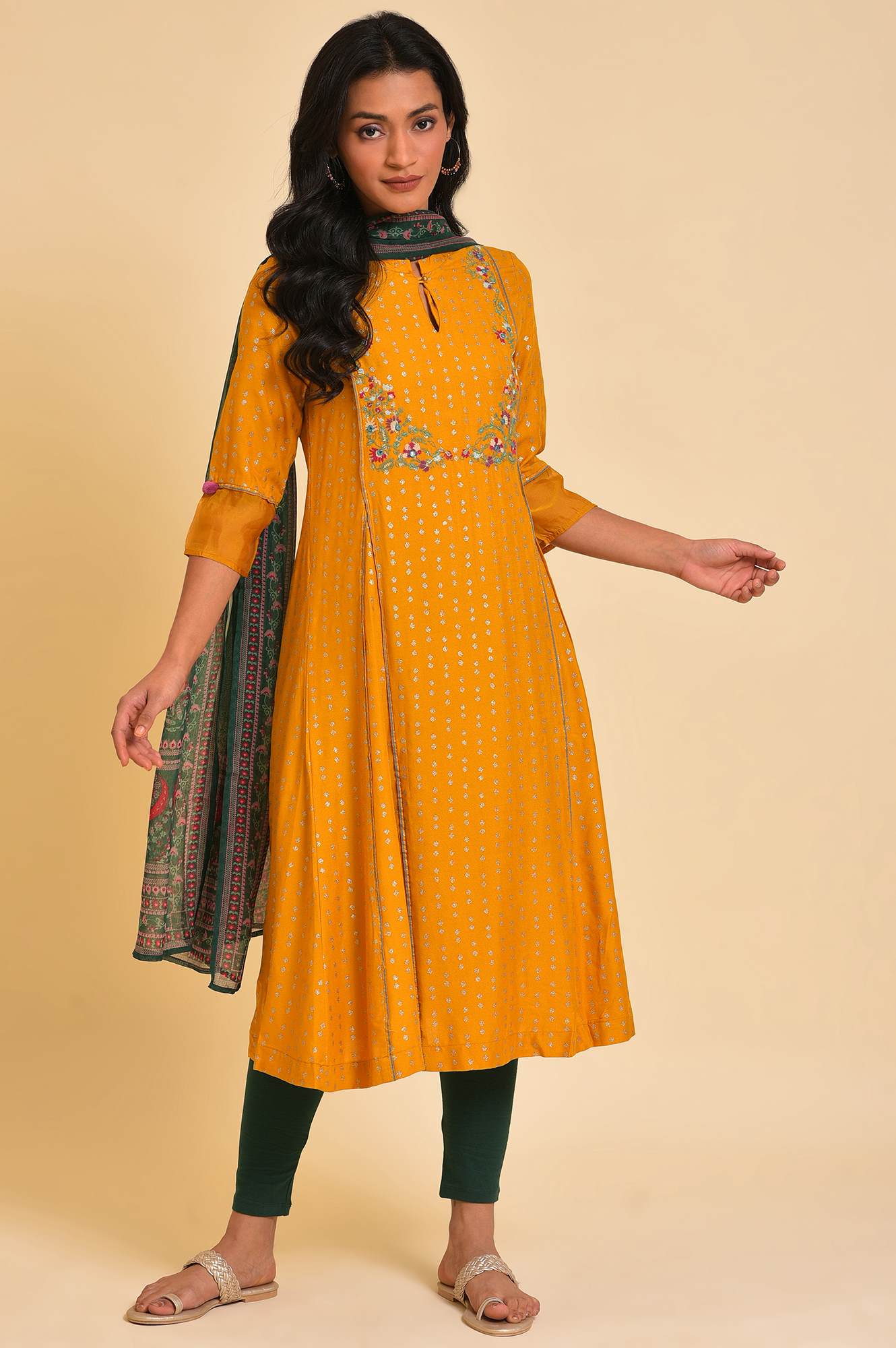 Yellow Embroidered kurta, Tights & Dupatta Set - Image 9