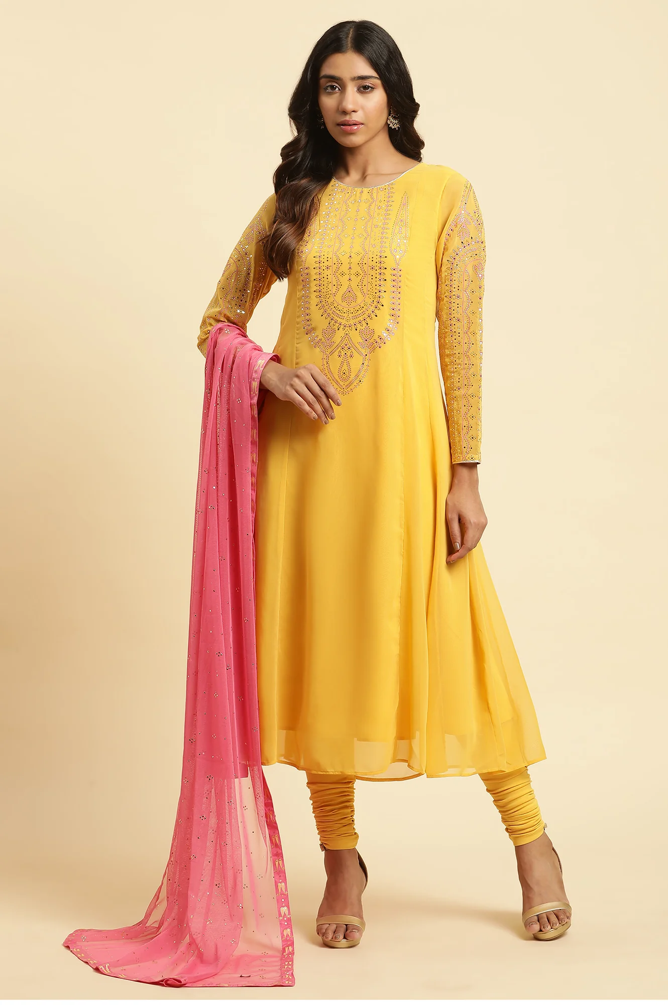 Yellow Embroidered Kurta, Tights & Dupatta Set - Image 2