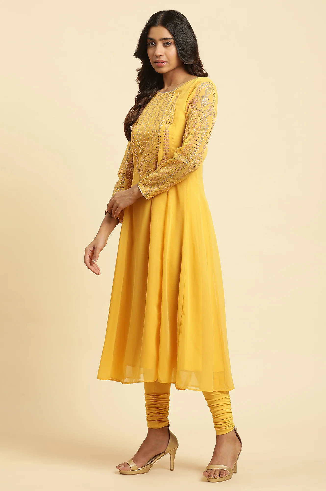 Yellow Embroidered Kurta, Tights & Dupatta Set - Image 3