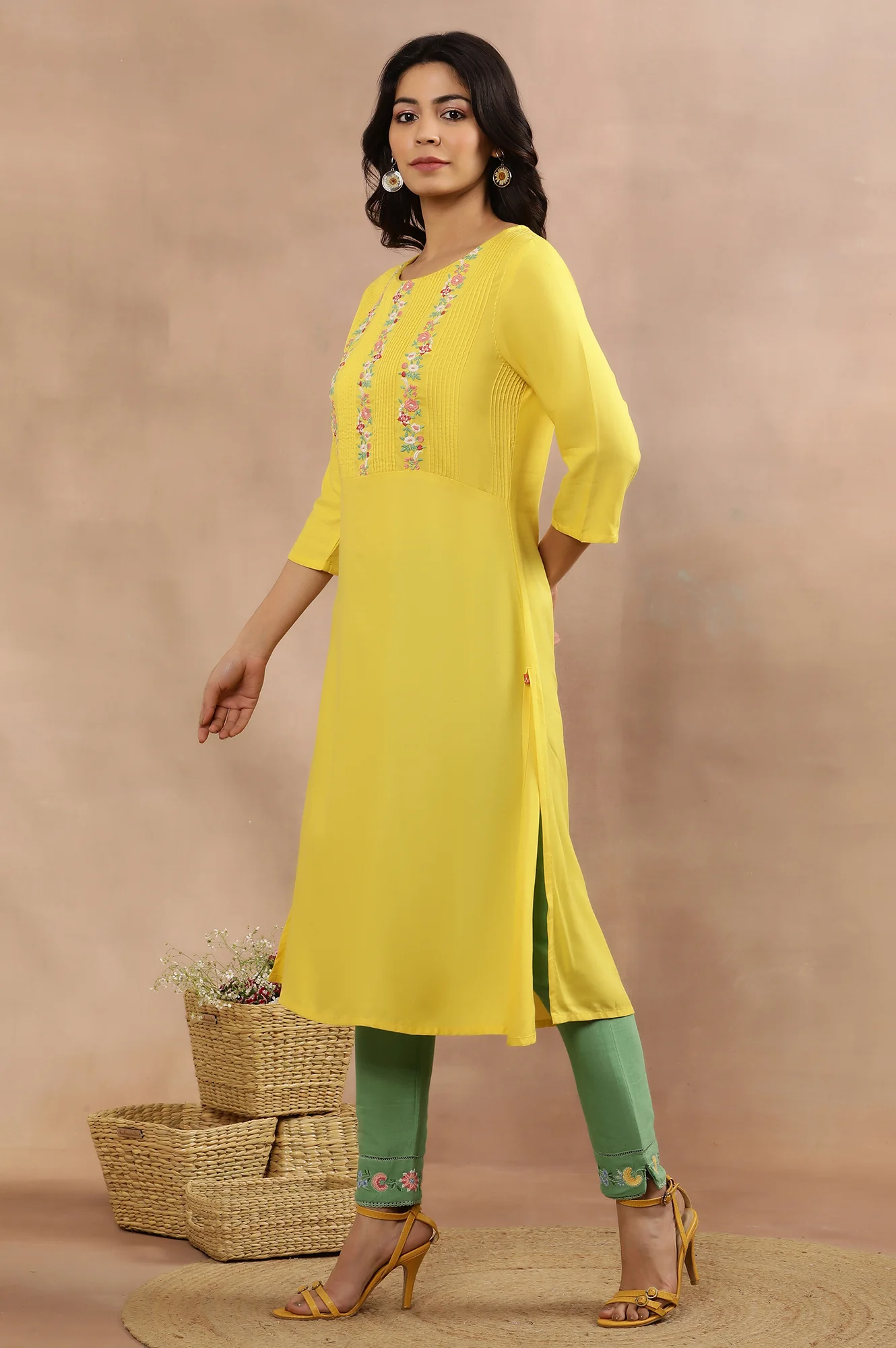 Yellow Embroidered Straight Kurta And Pants Set - Image 3