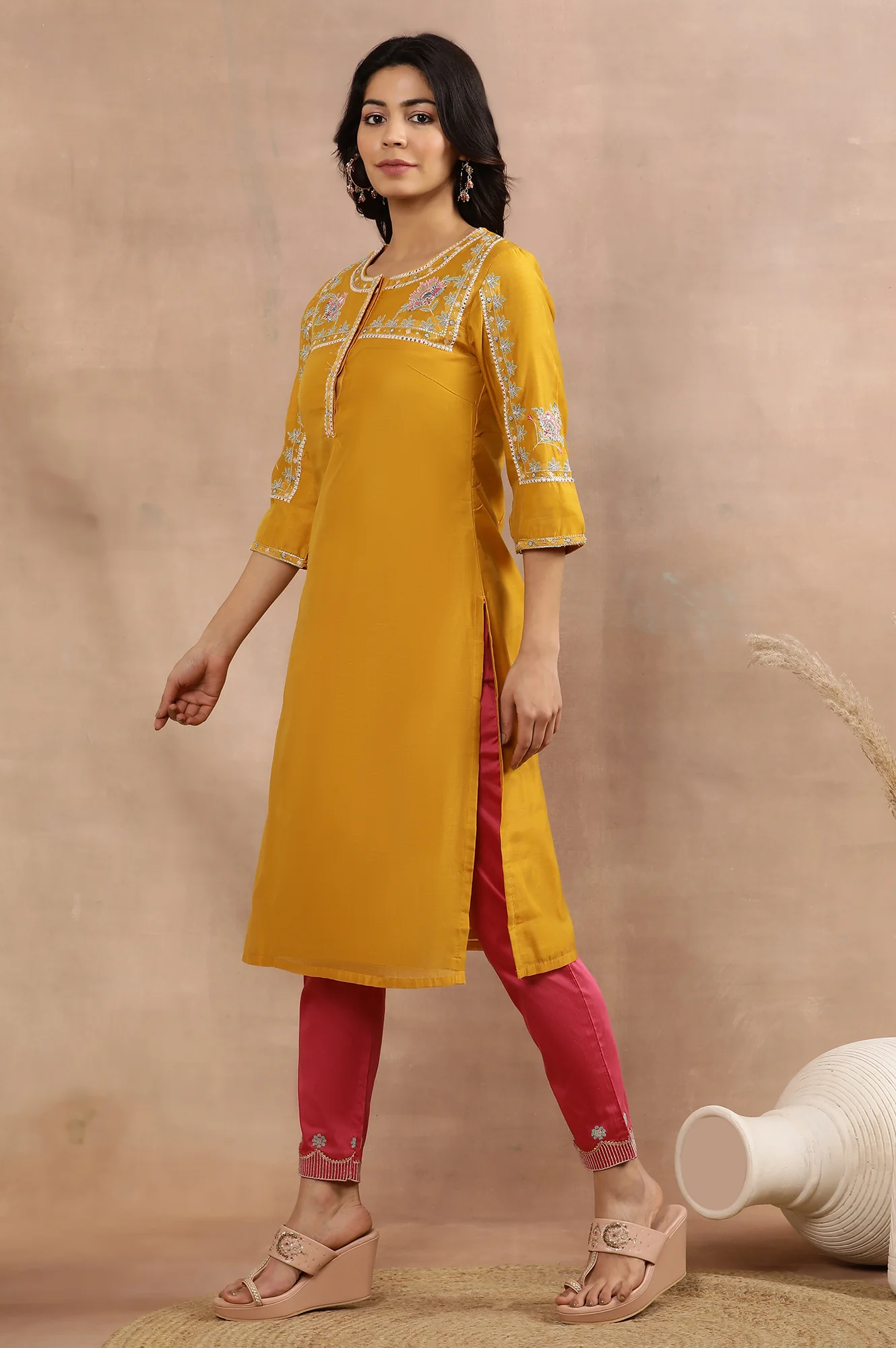 Yellow Embroidered Straight Kurta, Pink Slim Pants And Dupatta Set - Image 3