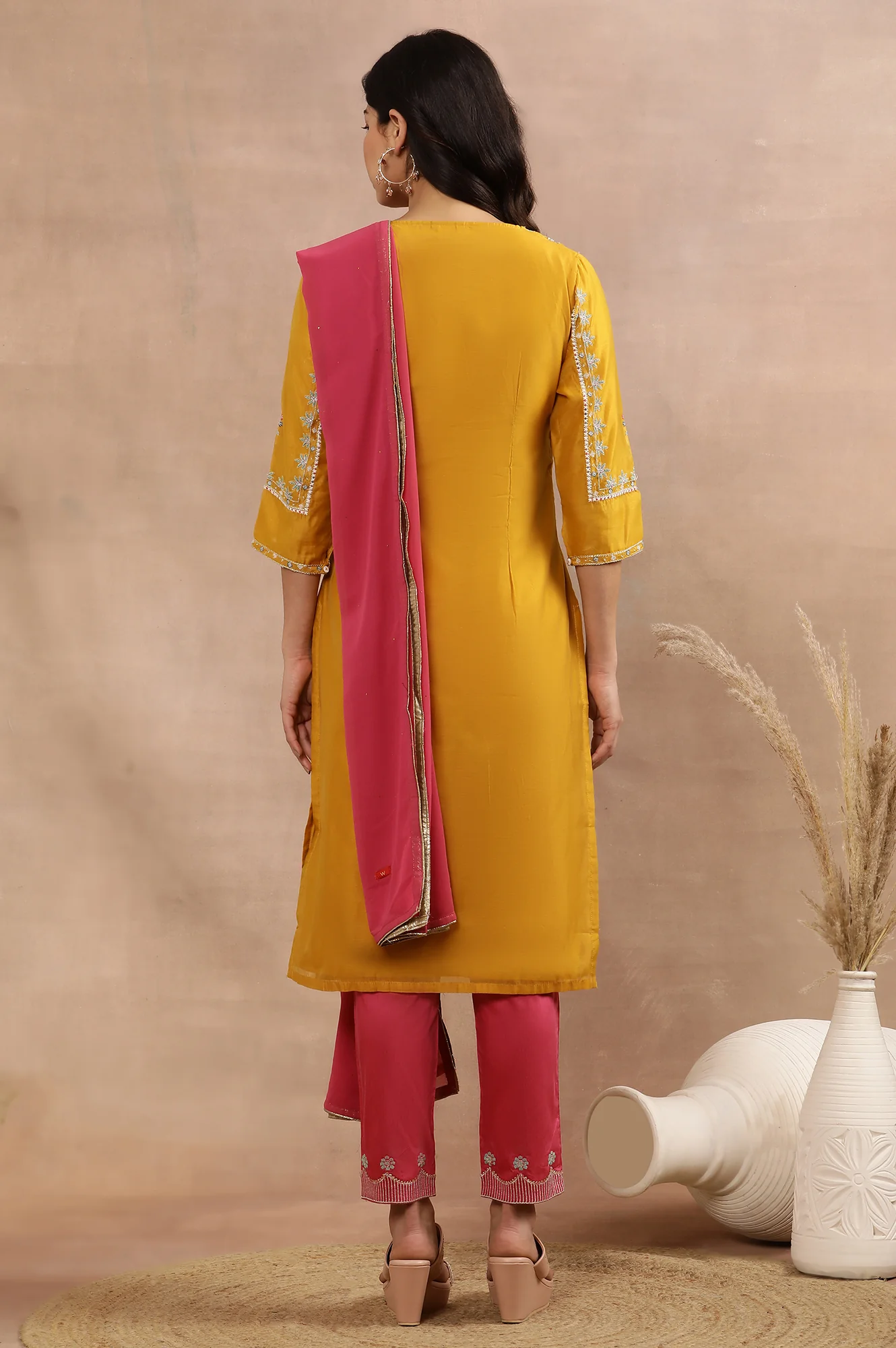 Yellow Embroidered Straight Kurta, Pink Slim Pants And Dupatta Set - Image 4