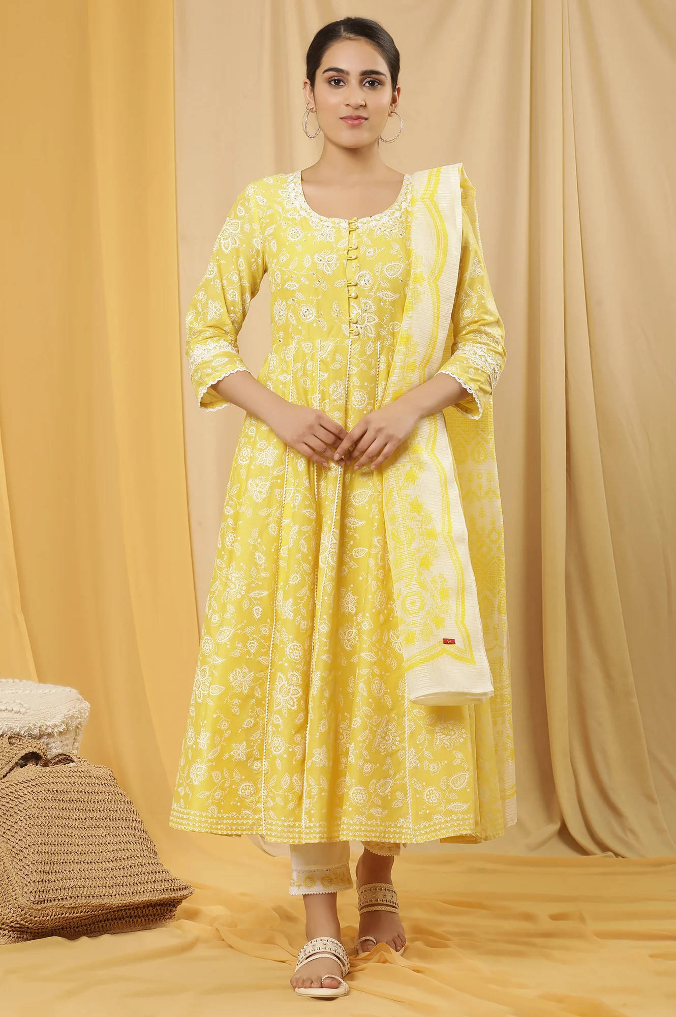Yellow Floral Printed Flared Kurta, Pants And Dupatta Set - Image 2