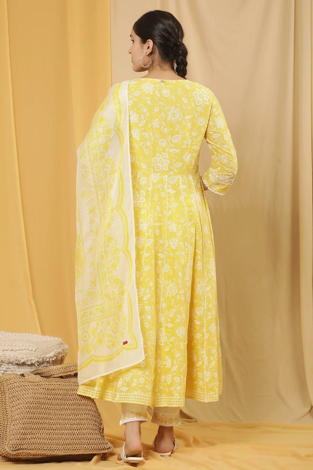Yellow Floral Printed Flared Kurta, Pants And Dupatta Set - Image 4