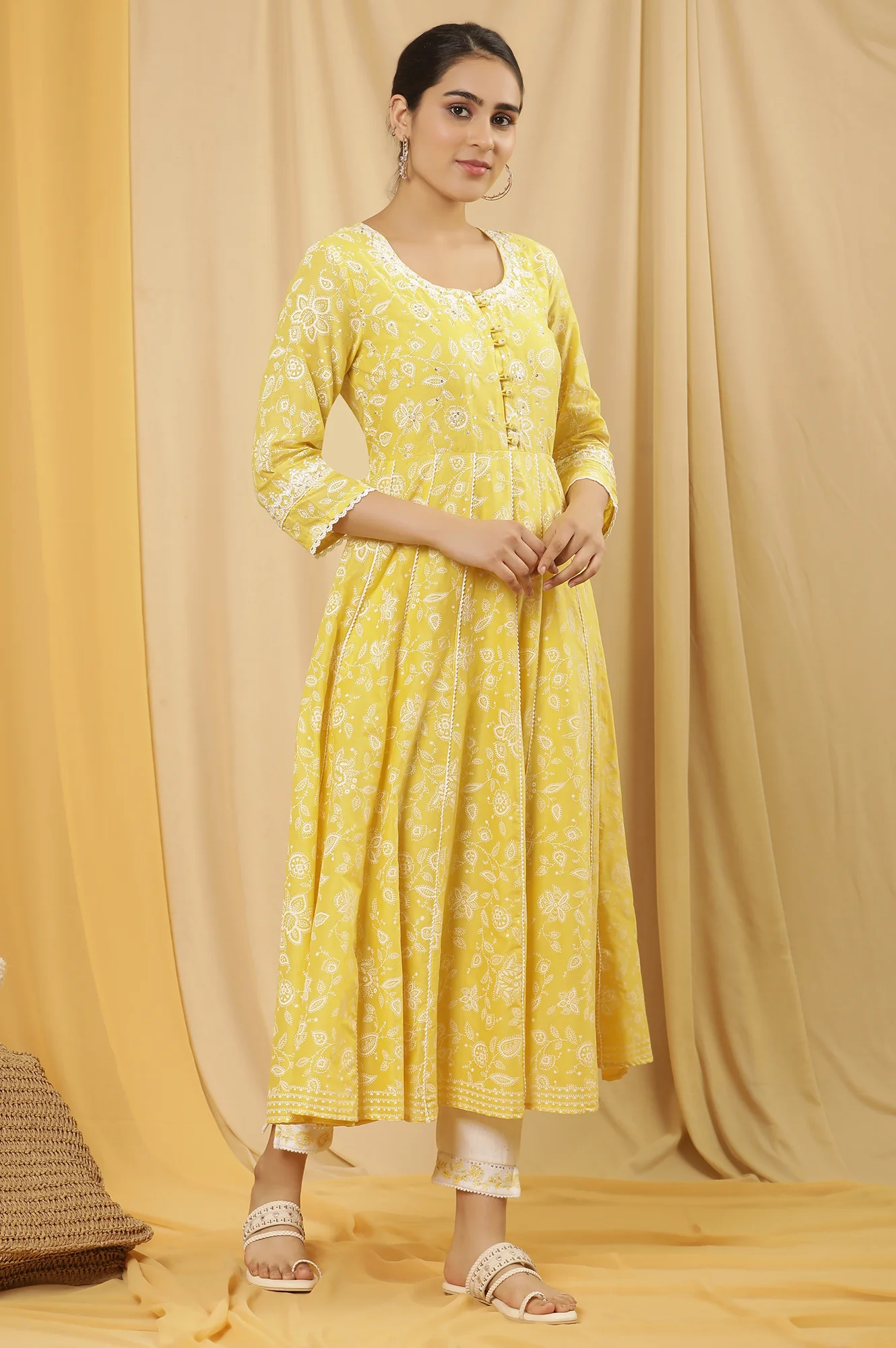 Yellow Floral Printed Flared Kurta, Pants And Dupatta Set - Image 5
