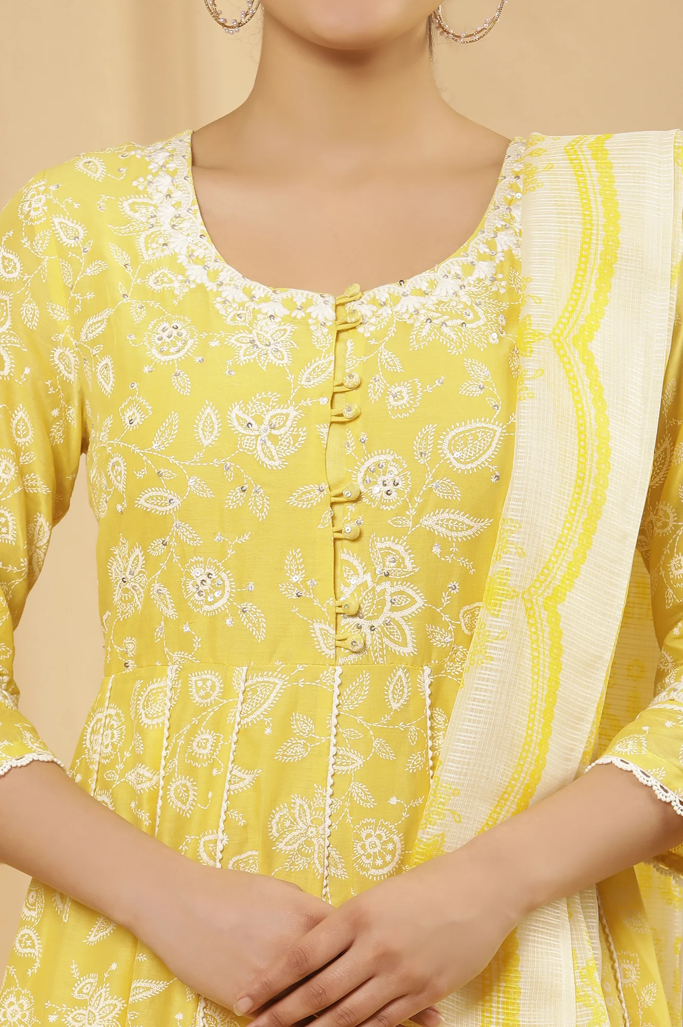 Yellow Floral Printed Flared Kurta, Pants And Dupatta Set - Image 6