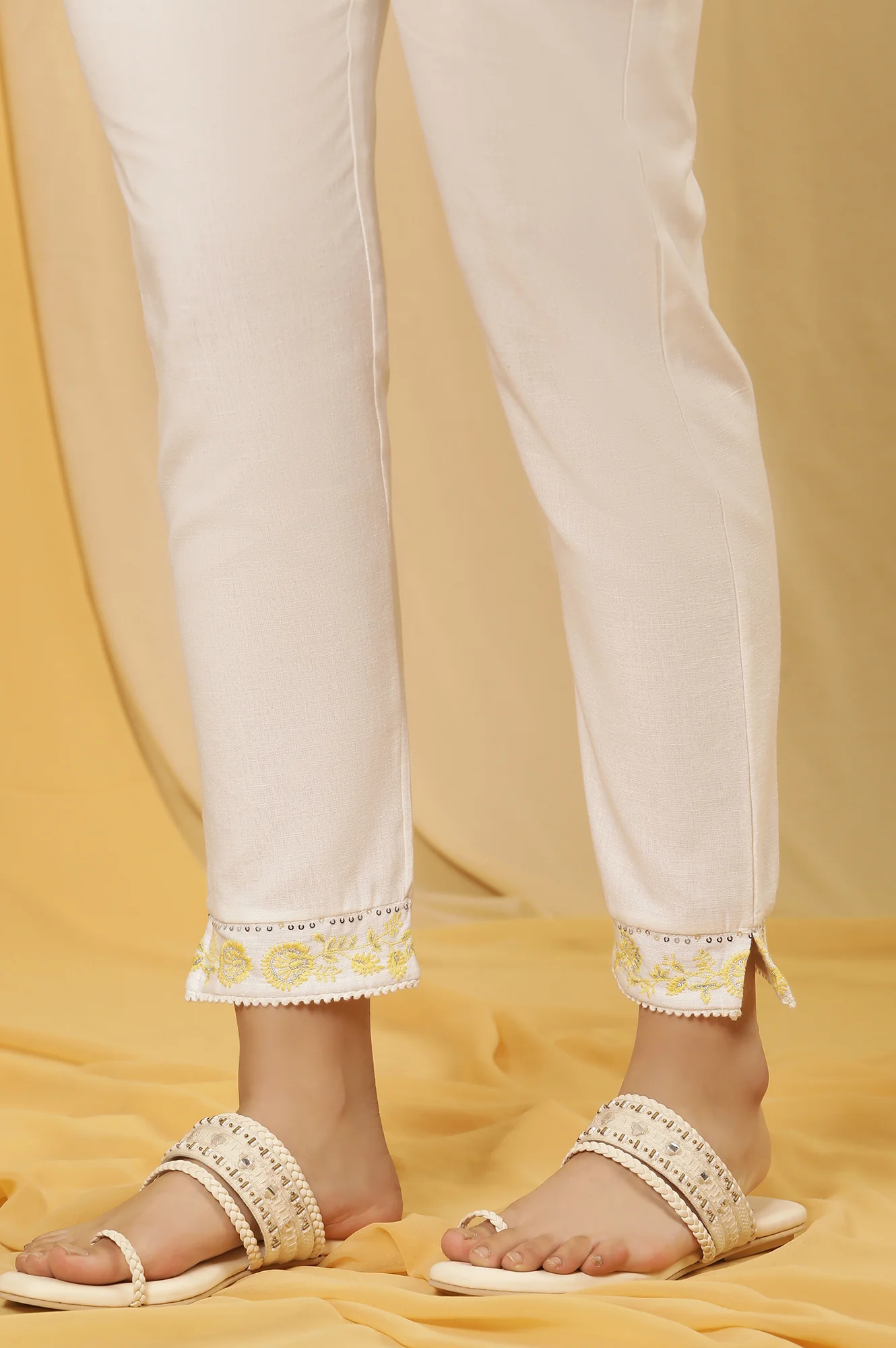 Yellow Floral Printed Flared Kurta, Pants And Dupatta Set - Image 9