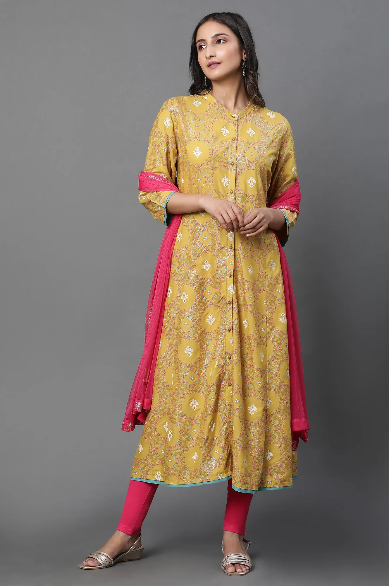 Yellow Glitter Printed A-Line Kurta, Tights And Dupatta Set - Image 2