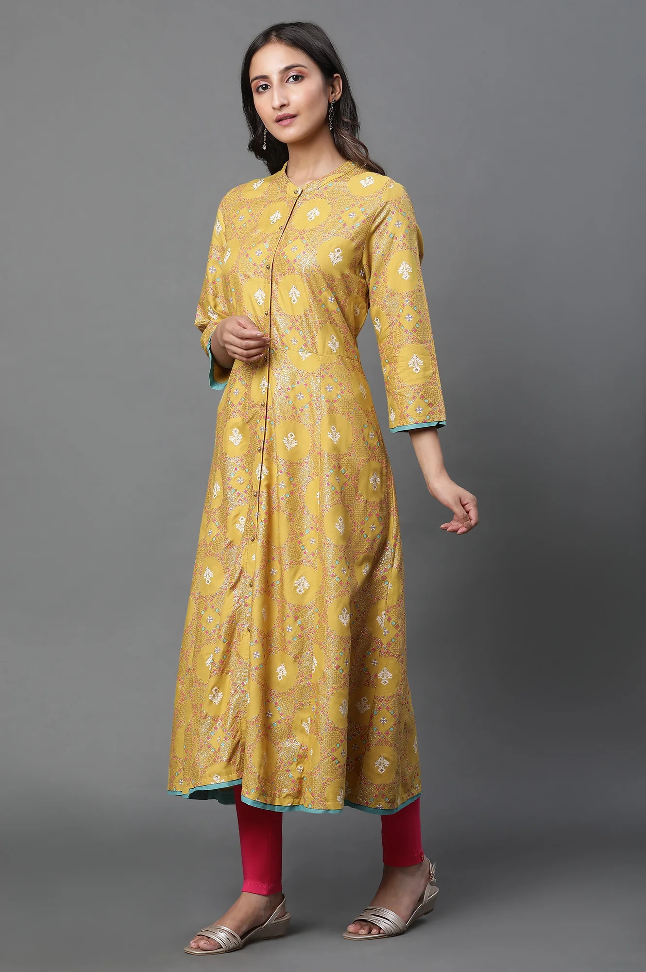 Yellow Glitter Printed A-Line Kurta, Tights And Dupatta Set - Image 3