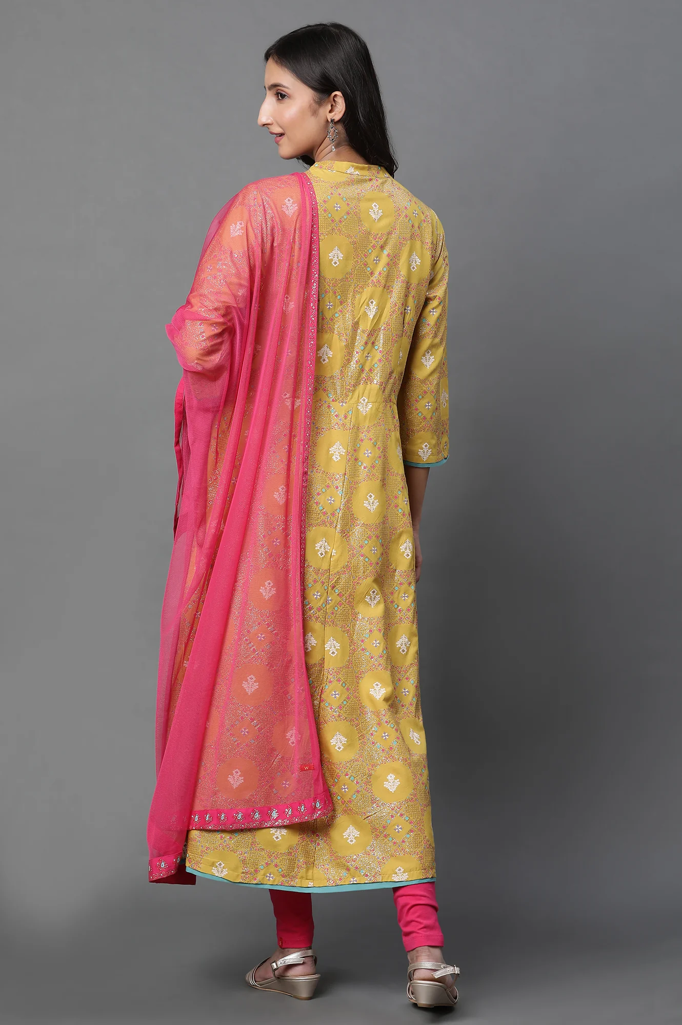 Yellow Glitter Printed A-Line Kurta, Tights And Dupatta Set - Image 4