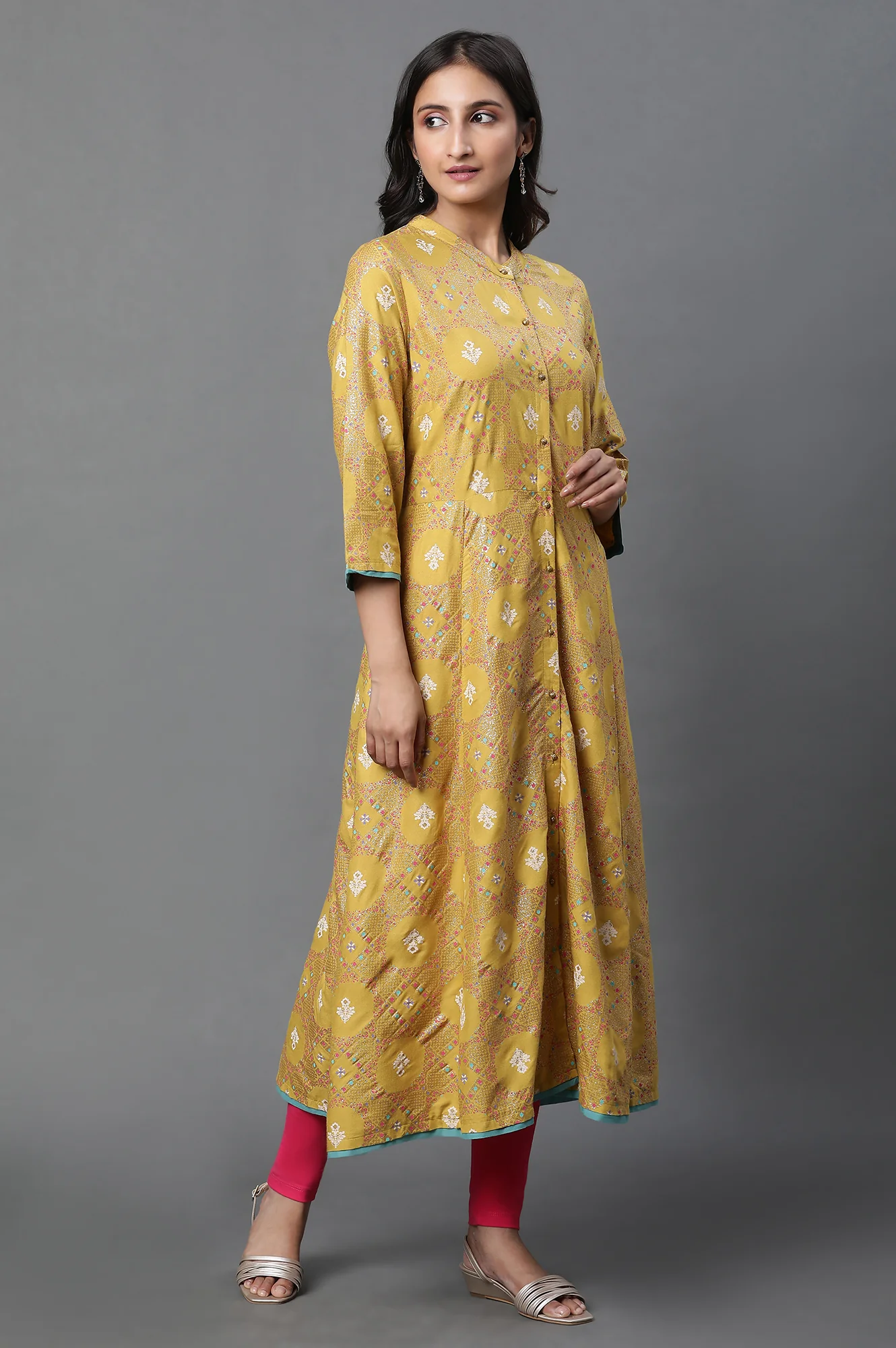 Yellow Glitter Printed A-Line Kurta, Tights And Dupatta Set - Image 5