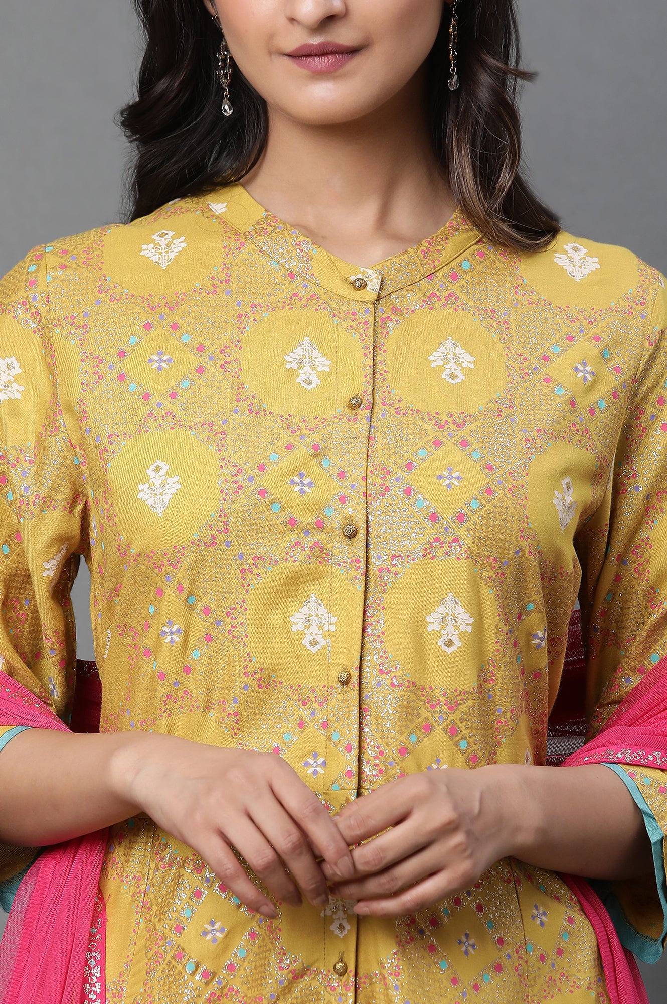 Yellow Glitter Printed A-Line Kurta, Tights And Dupatta Set - Image 6