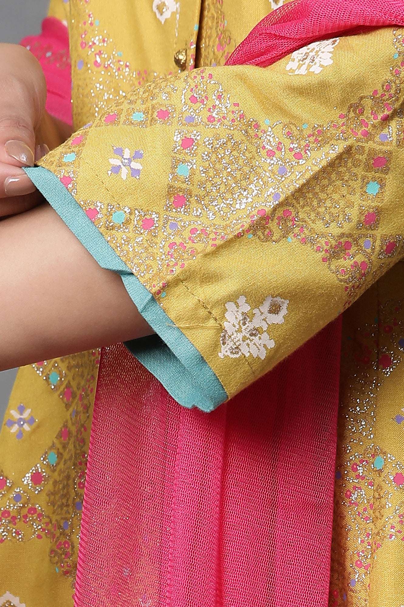 Yellow Glitter Printed A-Line Kurta, Tights And Dupatta Set - Image 7
