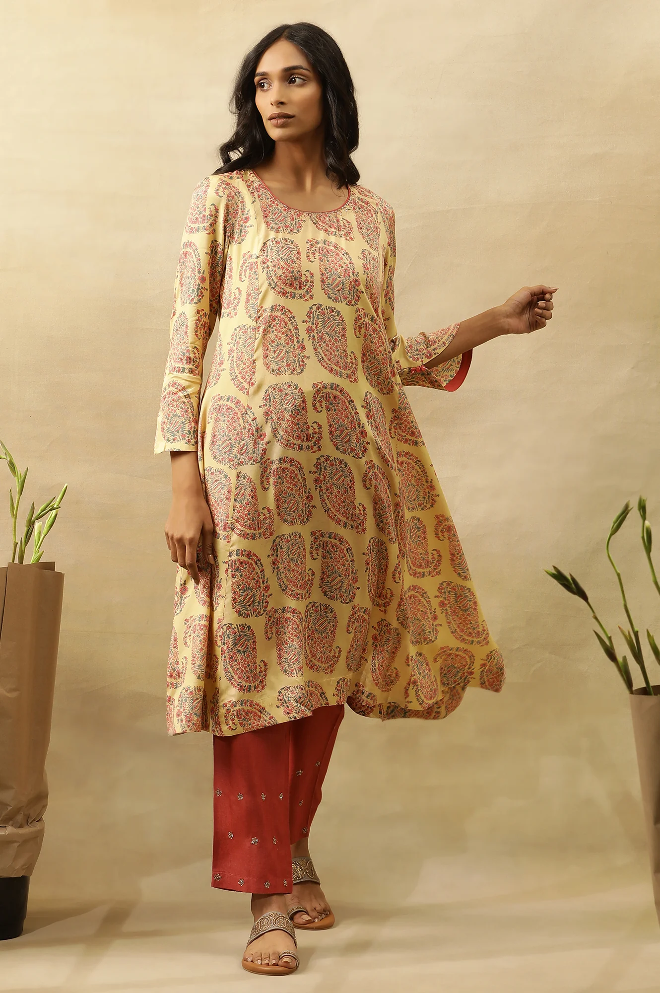 Yellow Hand Block Printed A-Line  Kurta - Image 2