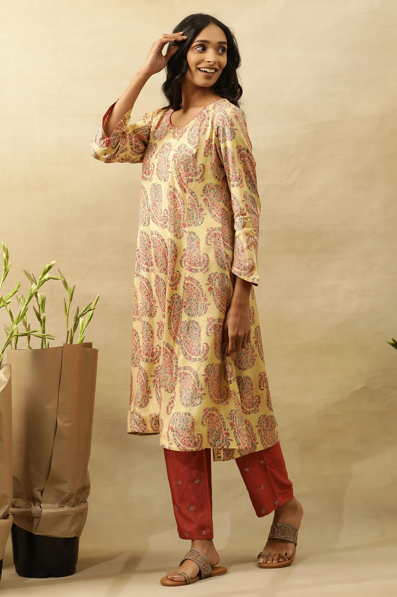Yellow Hand Block Printed A-Line  Kurta - Image 3