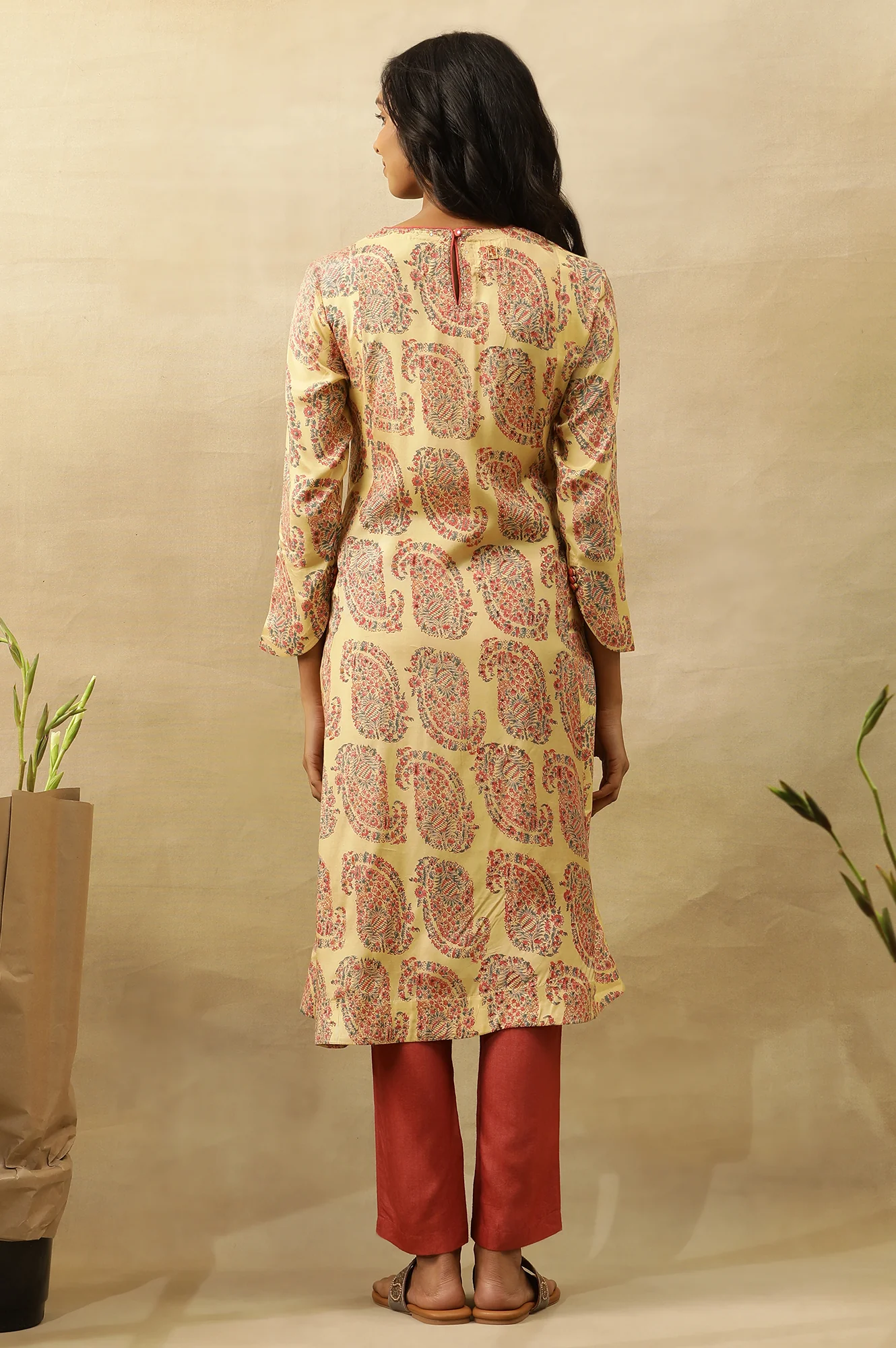 Yellow Hand Block Printed A-Line  Kurta - Image 4