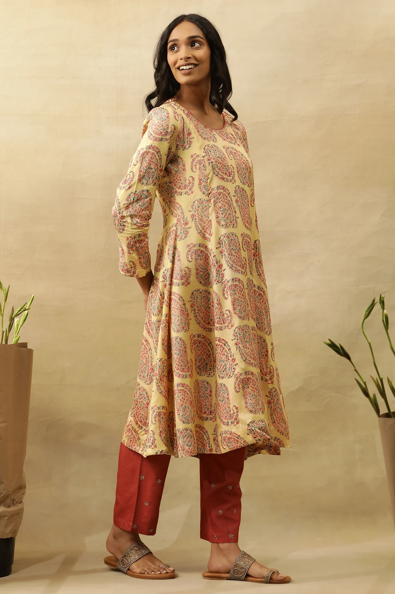Yellow Hand Block Printed A-Line  Kurta - Image 5