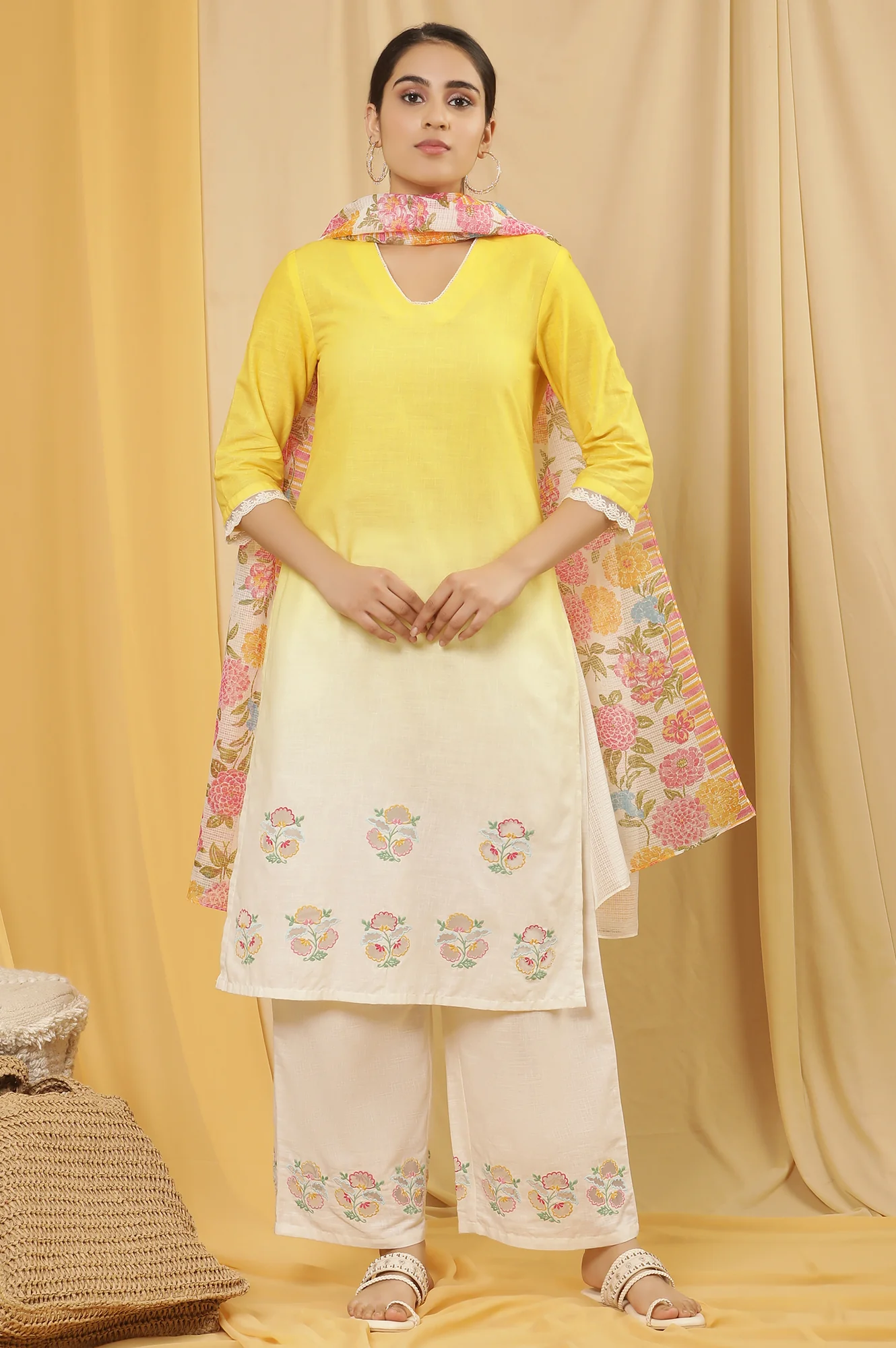 Yellow Ombre Embroidered Kurta, Pants And Dupatta Set - Image 2