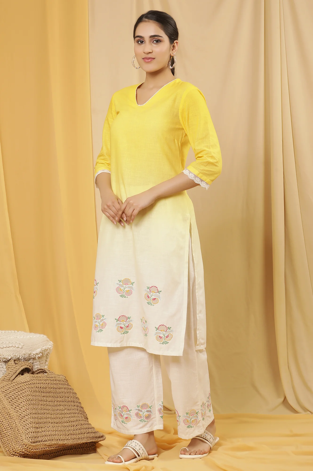 Yellow Ombre Embroidered Kurta, Pants And Dupatta Set - Image 3