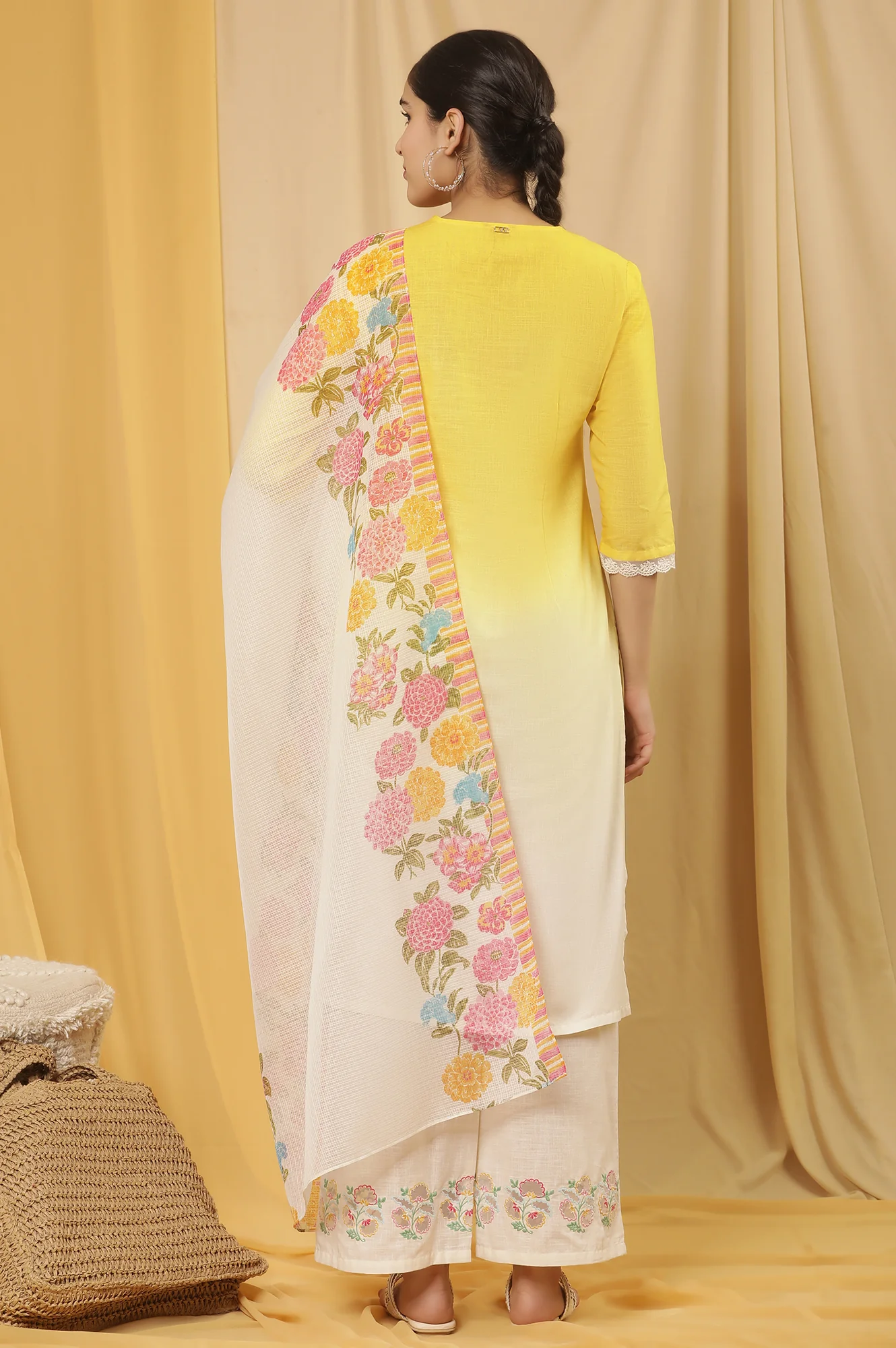 Yellow Ombre Embroidered Kurta, Pants And Dupatta Set - Image 4