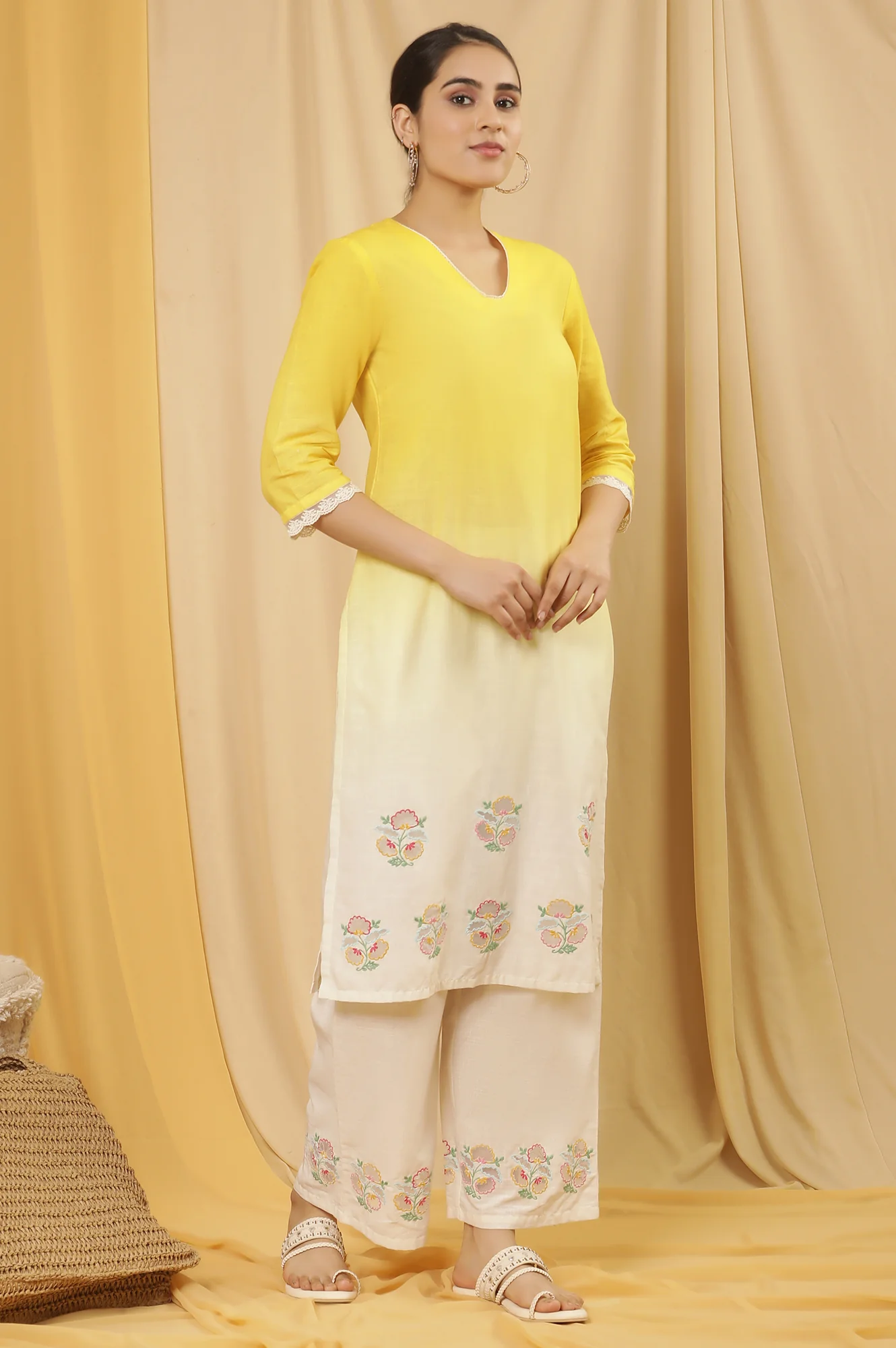 Yellow Ombre Embroidered Kurta, Pants And Dupatta Set - Image 5