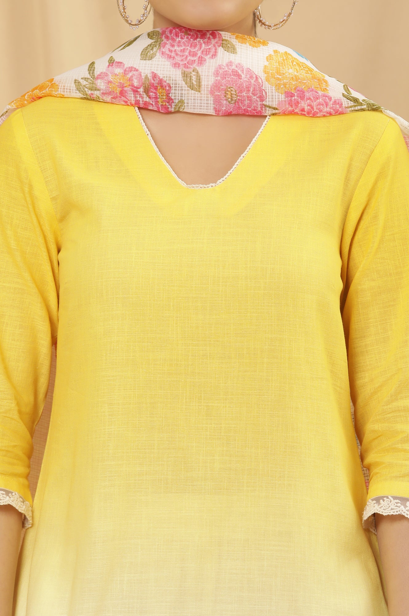 Yellow Ombre Embroidered Kurta, Pants And Dupatta Set - Image 6