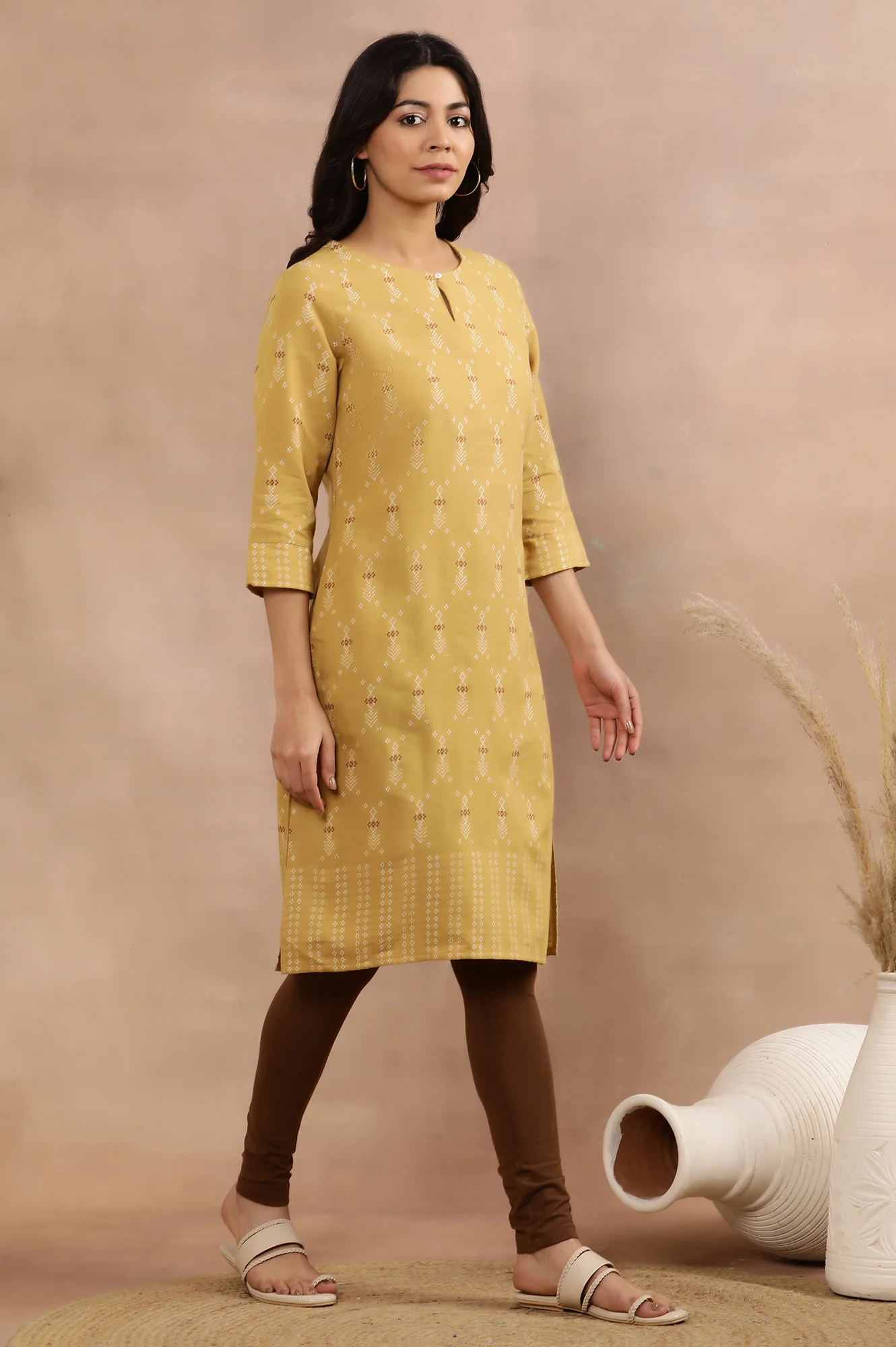 Yellow Printed Dobby Kurta And Tights Set - Image 5