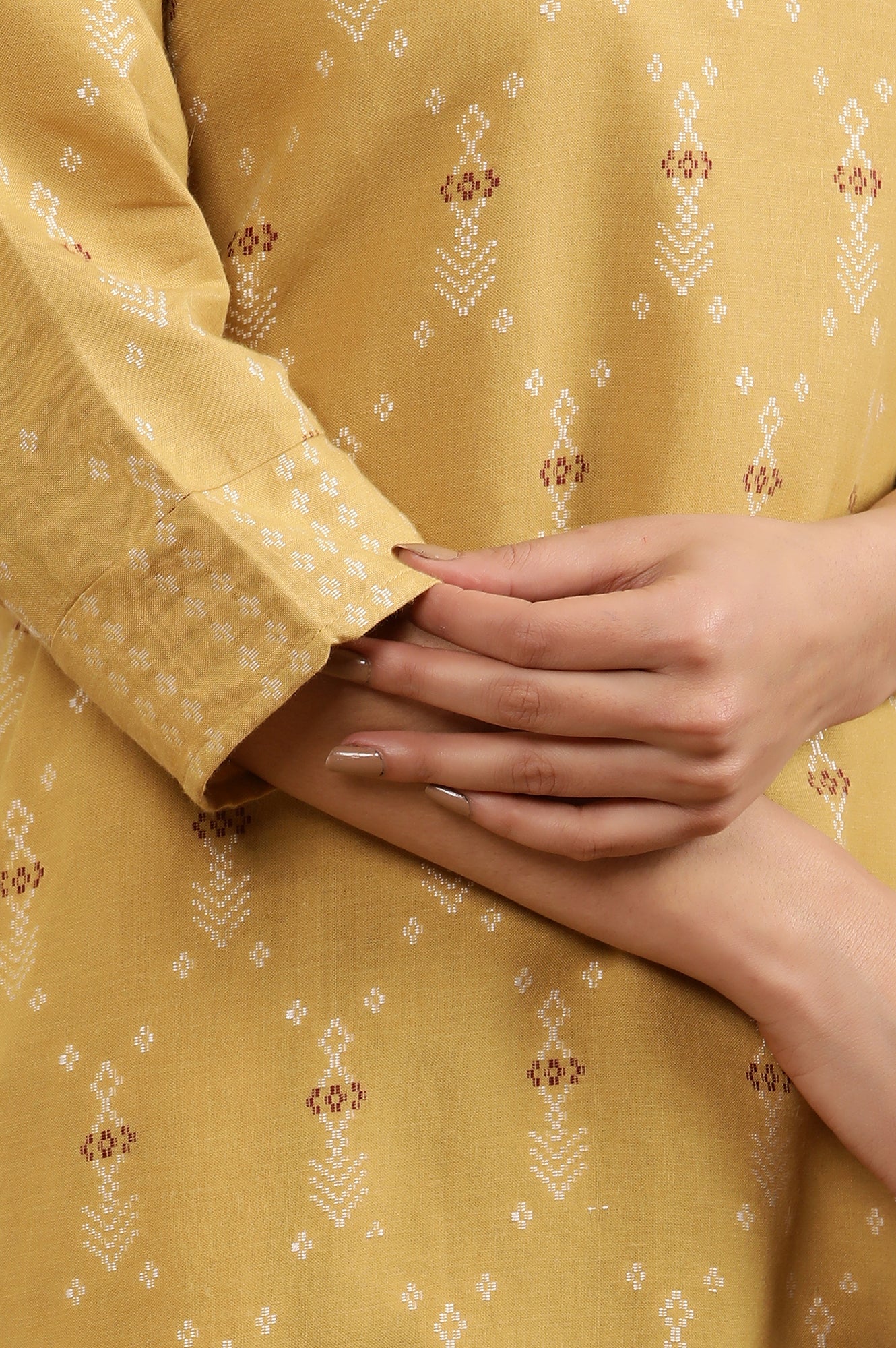 Yellow Printed Dobby Kurta And Tights Set - Image 7