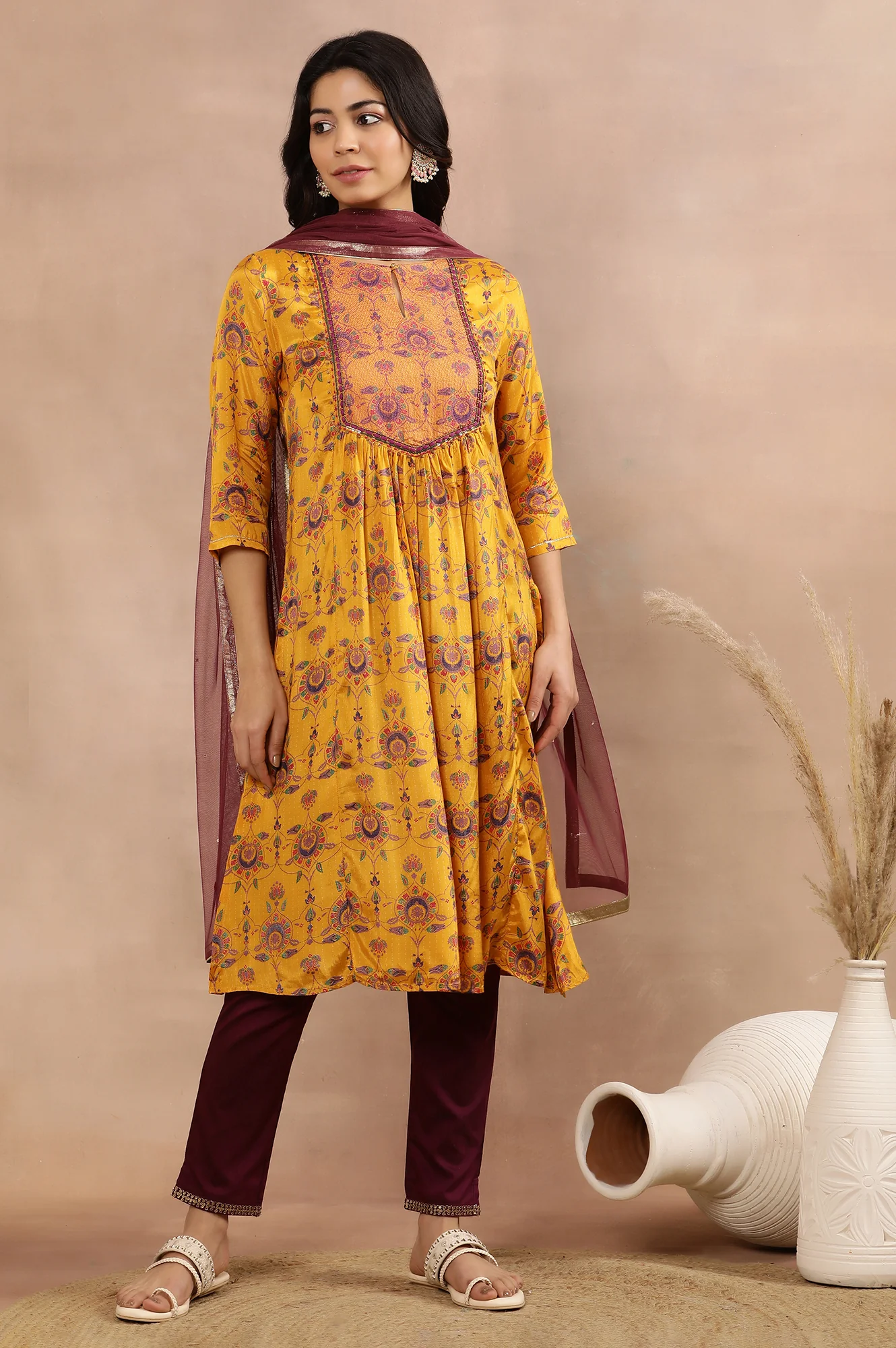 Yellow Printed Shantung Kurta, Pants And Dupatta Set - Image 2