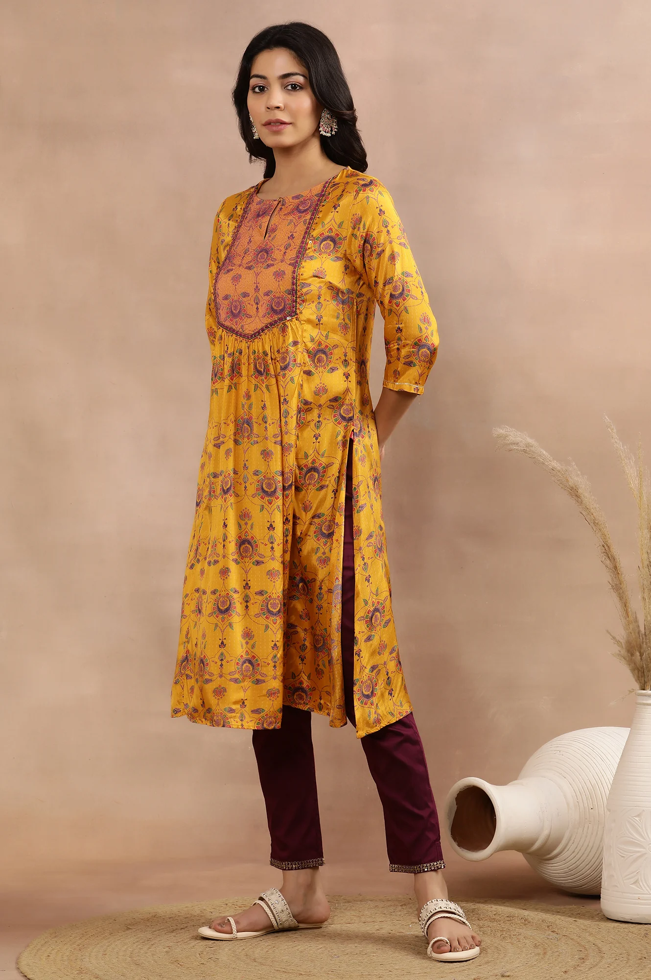 Yellow Printed Shantung Kurta, Pants And Dupatta Set - Image 3