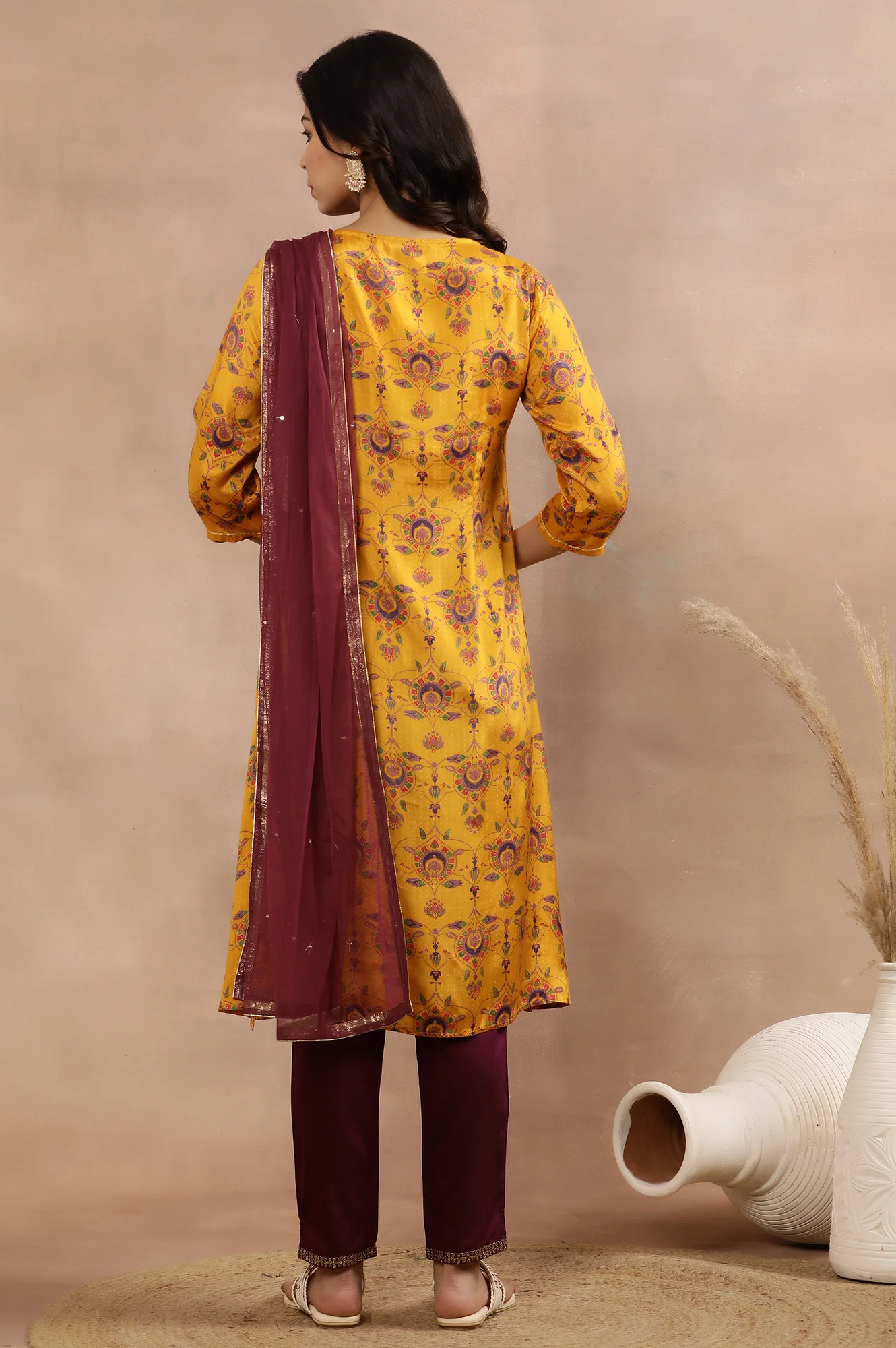 Yellow Printed Shantung Kurta, Pants And Dupatta Set - Image 4
