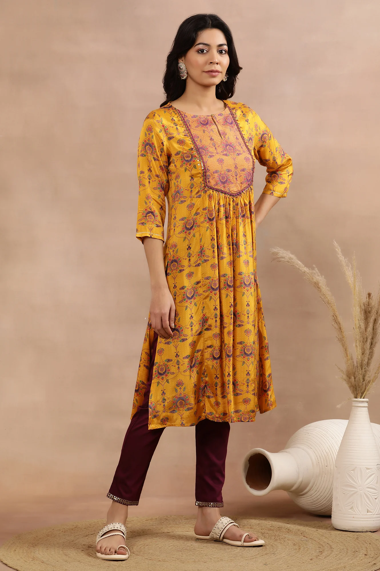 Yellow Printed Shantung Kurta, Pants And Dupatta Set - Image 5