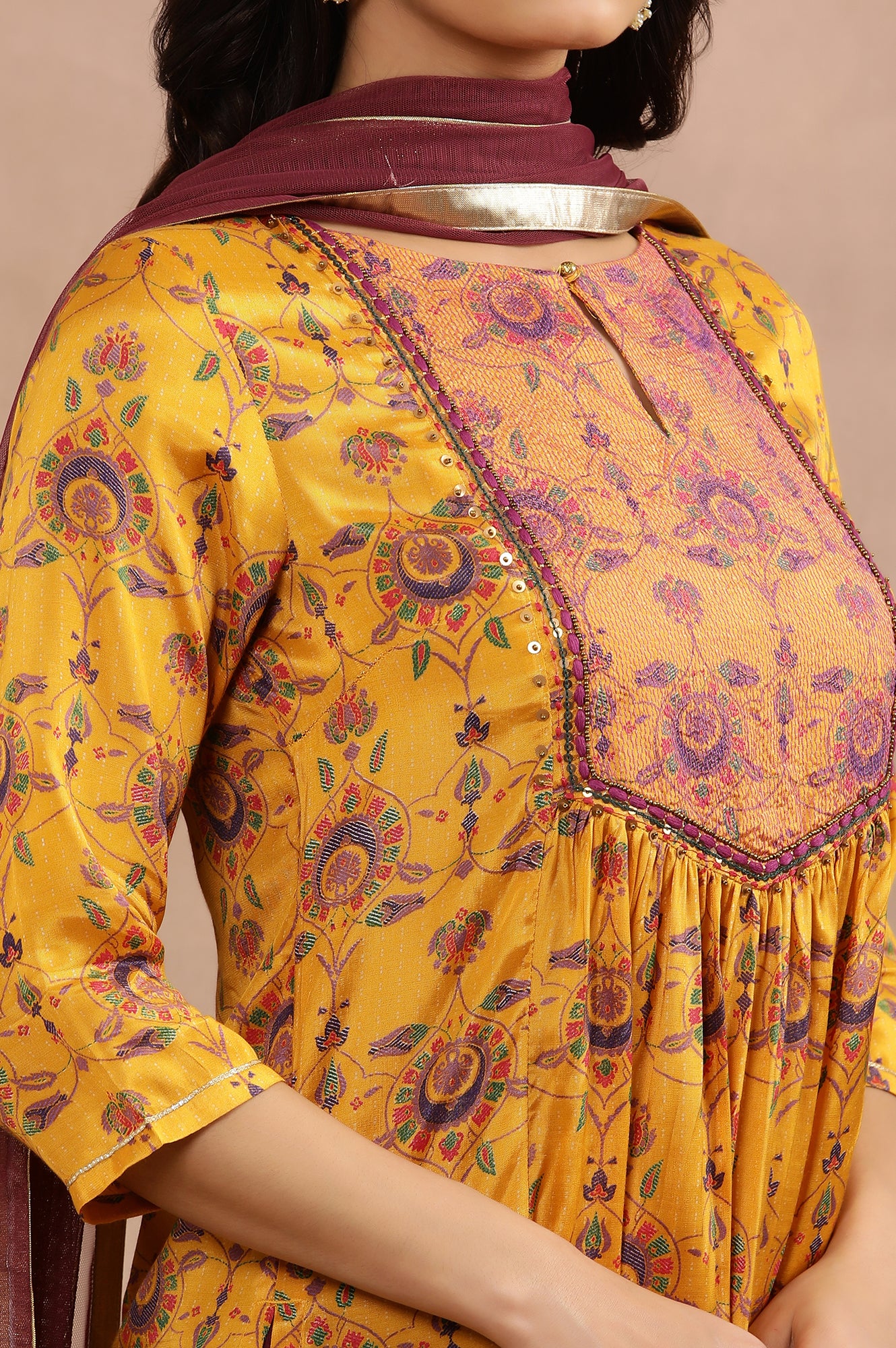 Yellow Printed Shantung Kurta, Pants And Dupatta Set - Image 7