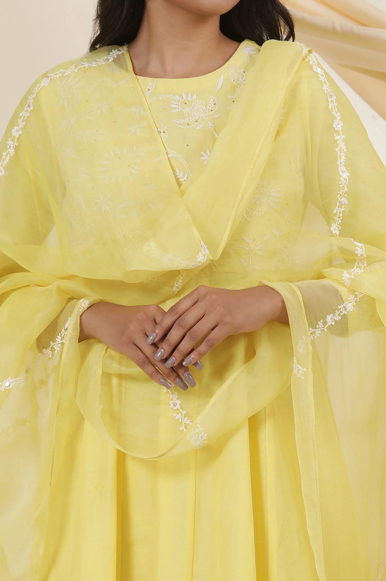 Yellow Solid Silk Organza Drape With Embroidery - Image 4