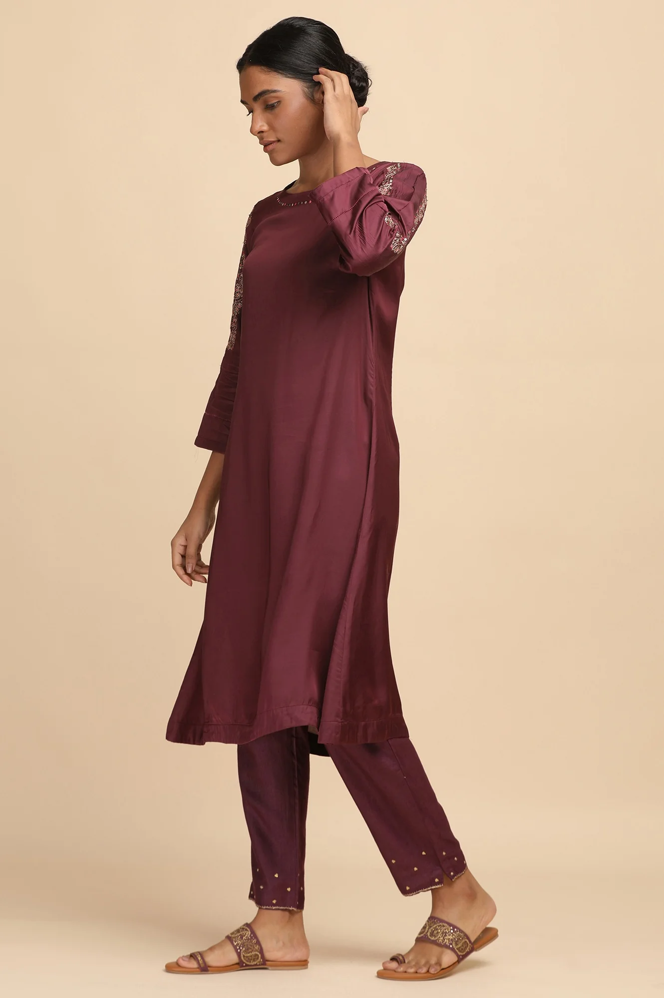 Prune Modal Satin Solid kurta - Image 3