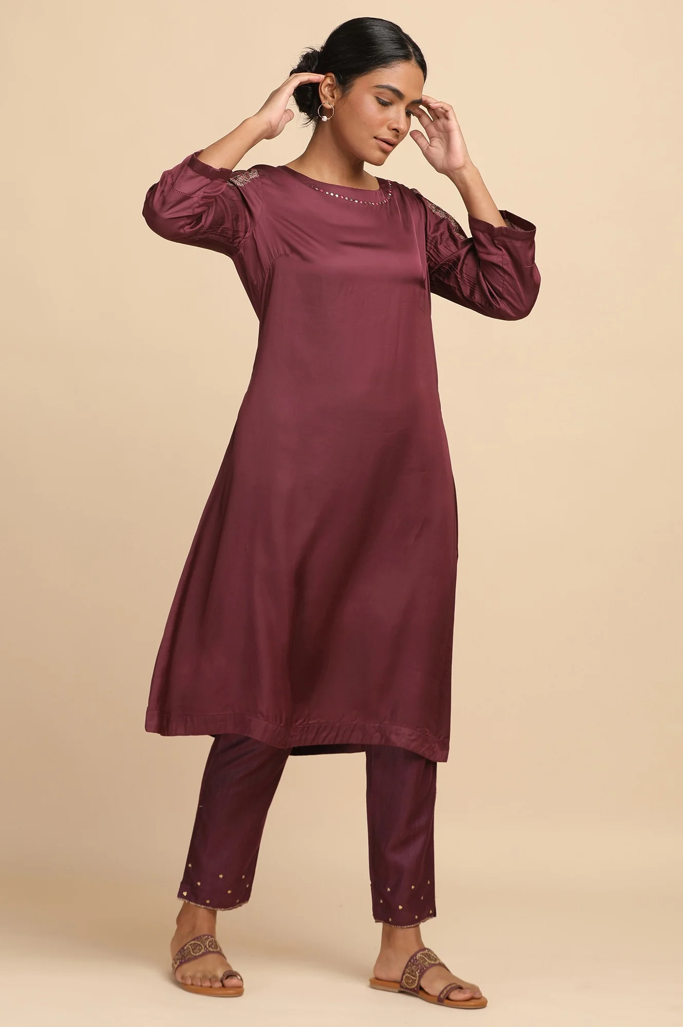 Prune Modal Satin Solid kurta - Image 4