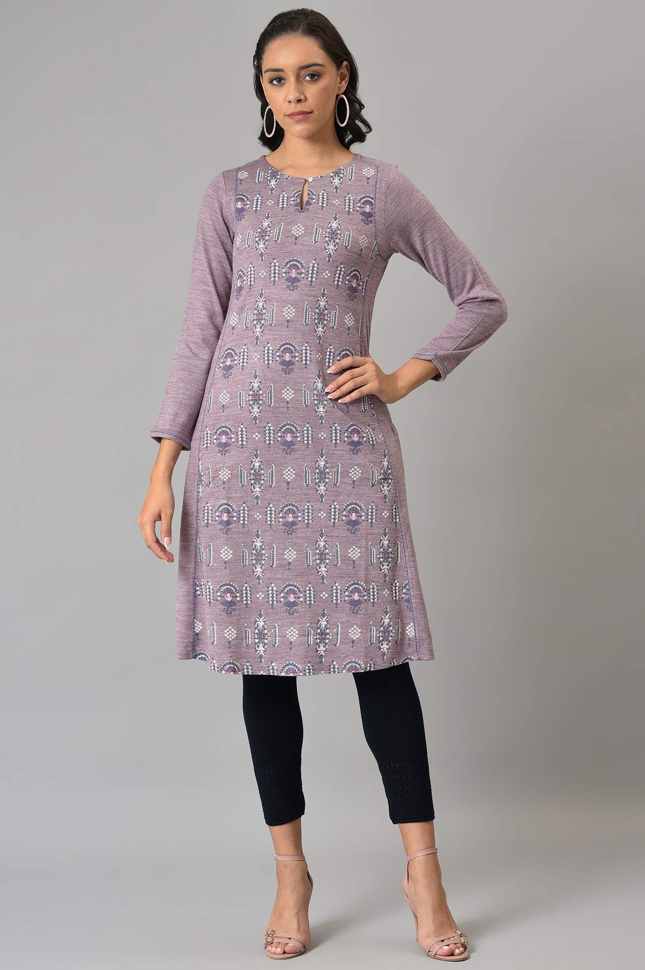 Purple A-Line Floral Printed Winter kurta - Image 5