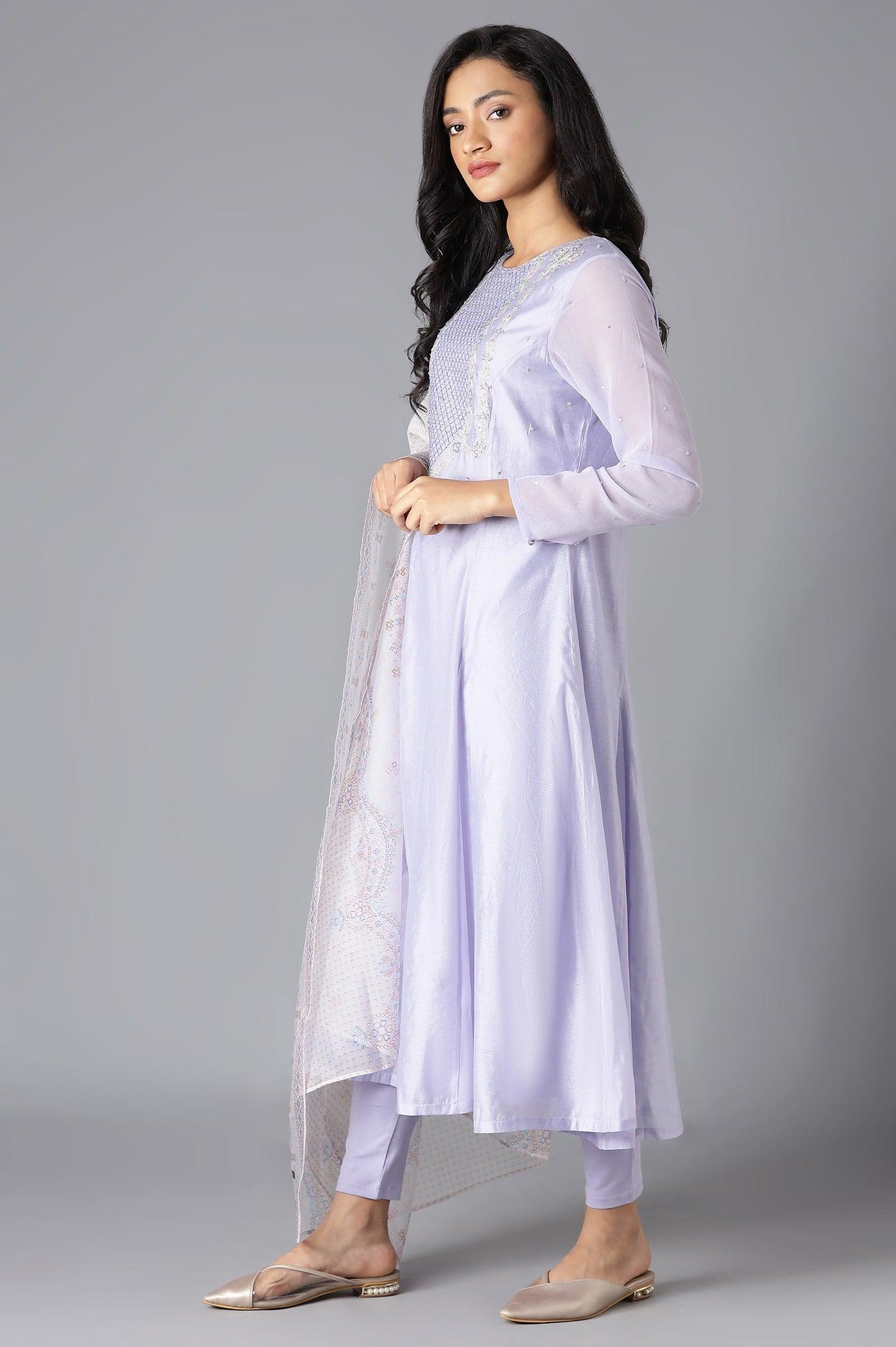 Purple A-Line kurta, Tights And Dupatta Set - Image 3