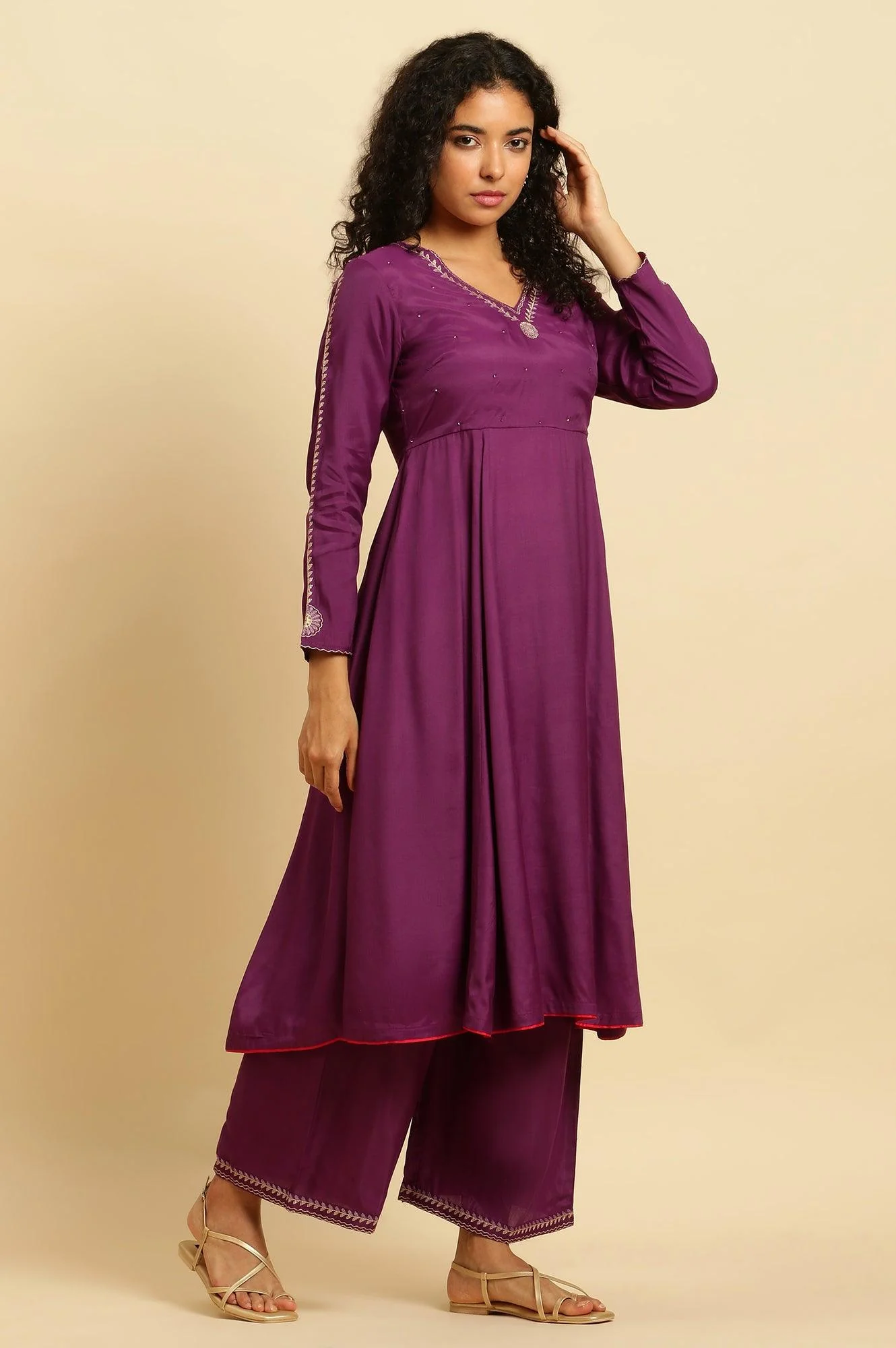 Purple Anarkali Festive Kurta, Parallel Pants And Dupatta Set - Image 3