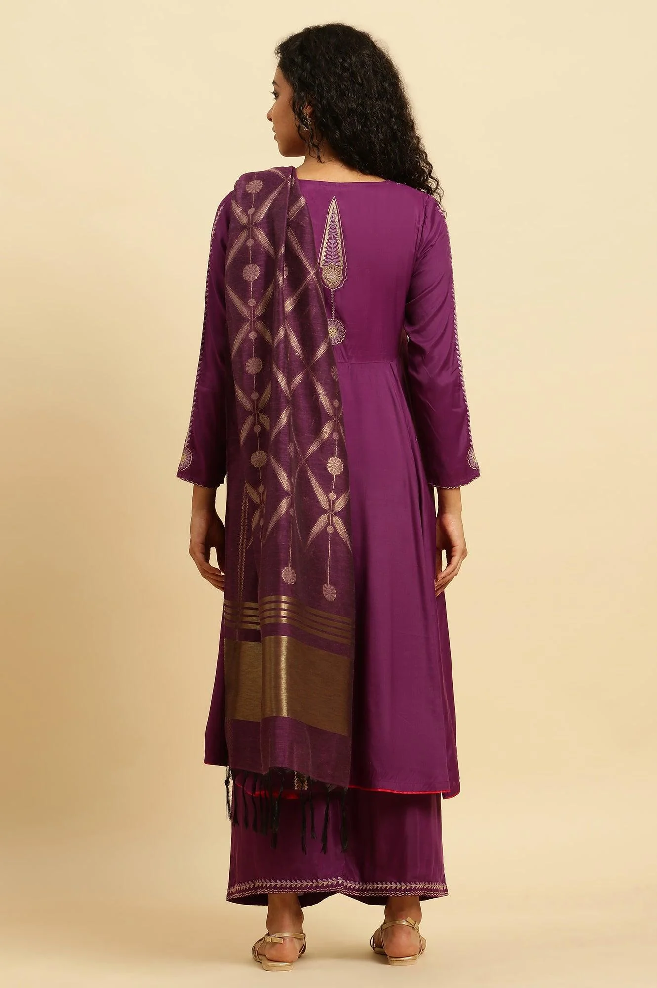 Purple Anarkali Festive Kurta, Parallel Pants And Dupatta Set - Image 4