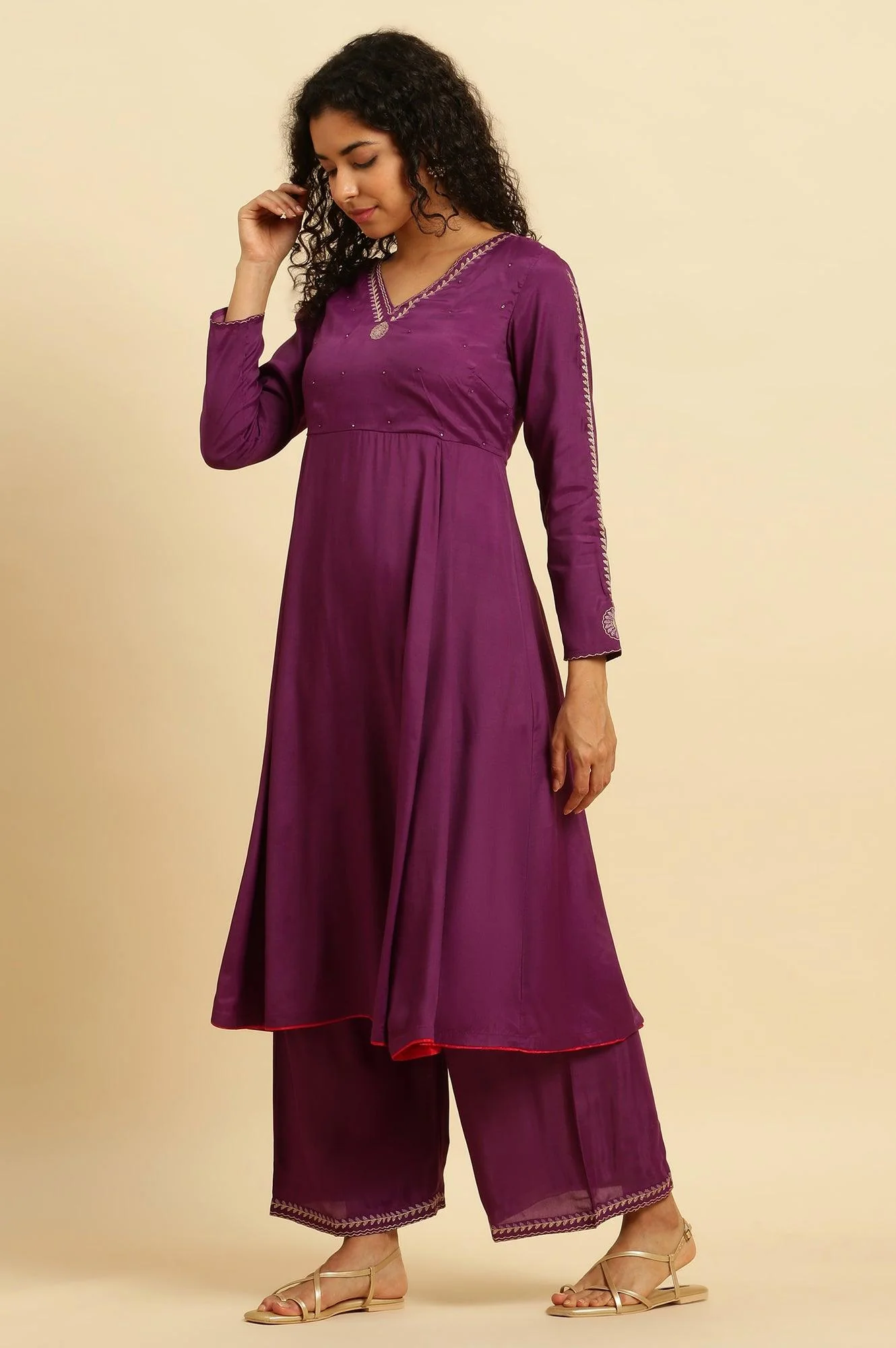 Purple Anarkali Festive Kurta, Parallel Pants And Dupatta Set - Image 5