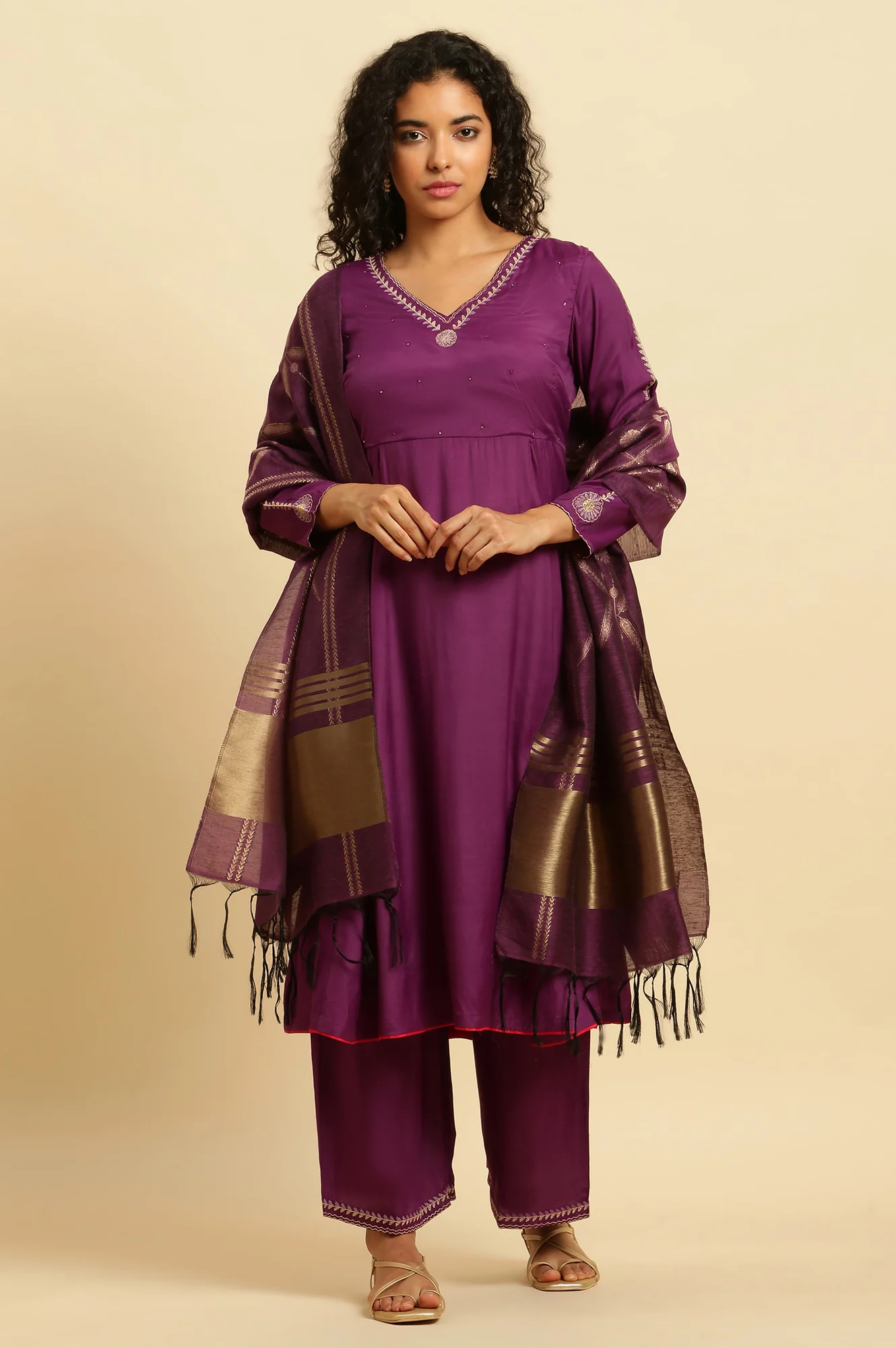 Purple Anarkali Festive Kurta, Parallel Pants And Dupatta Set - Image 2