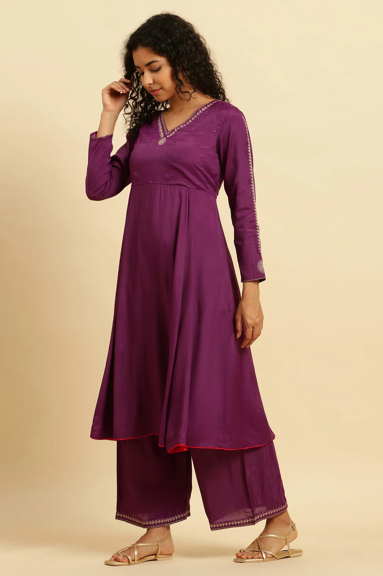 Purple Anarkali Festive Kurta, Parallel Pants And Dupatta Set - Image 5