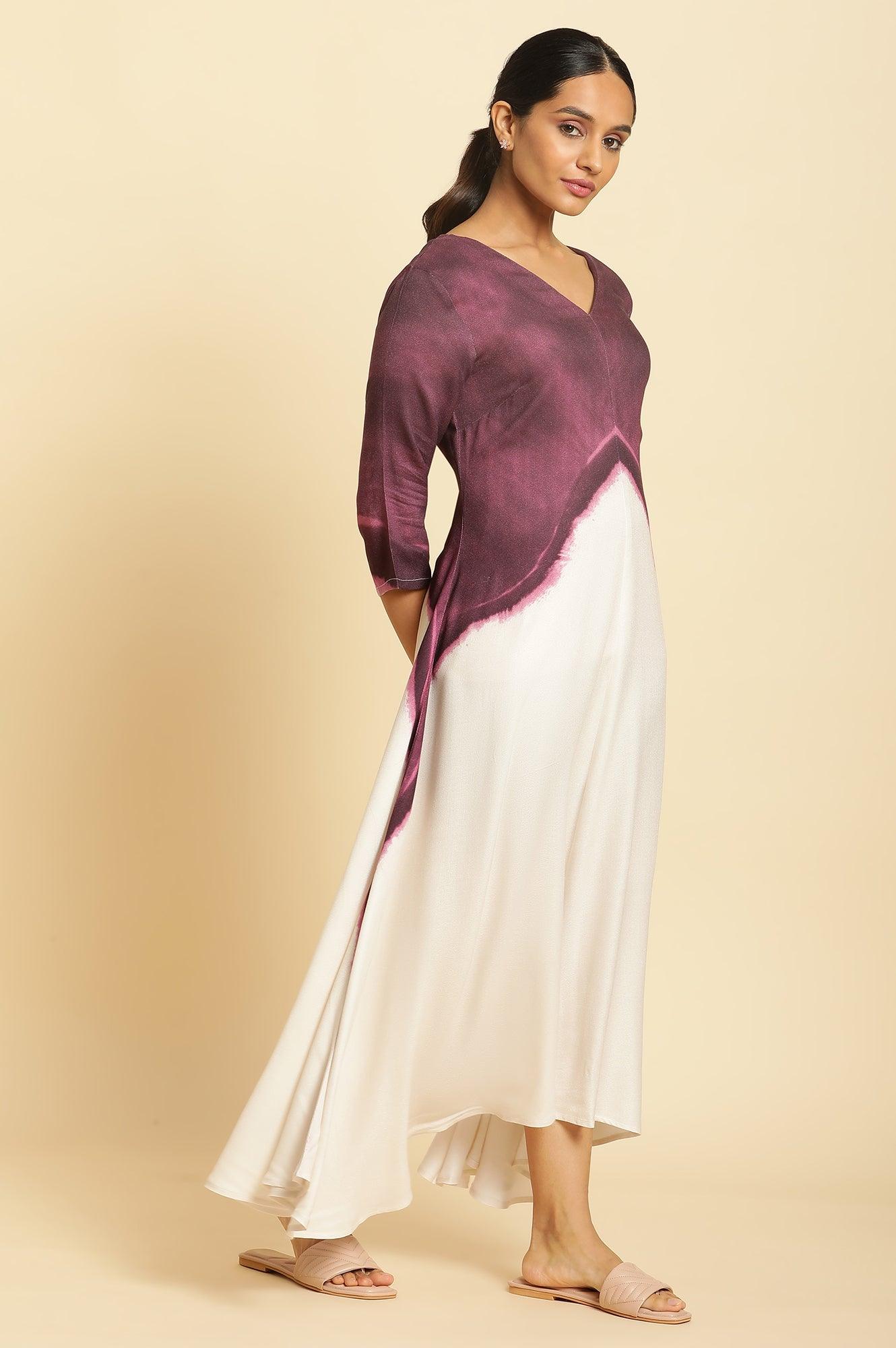 Purple And White Placement Print Asymmetrical Dress - Image 4