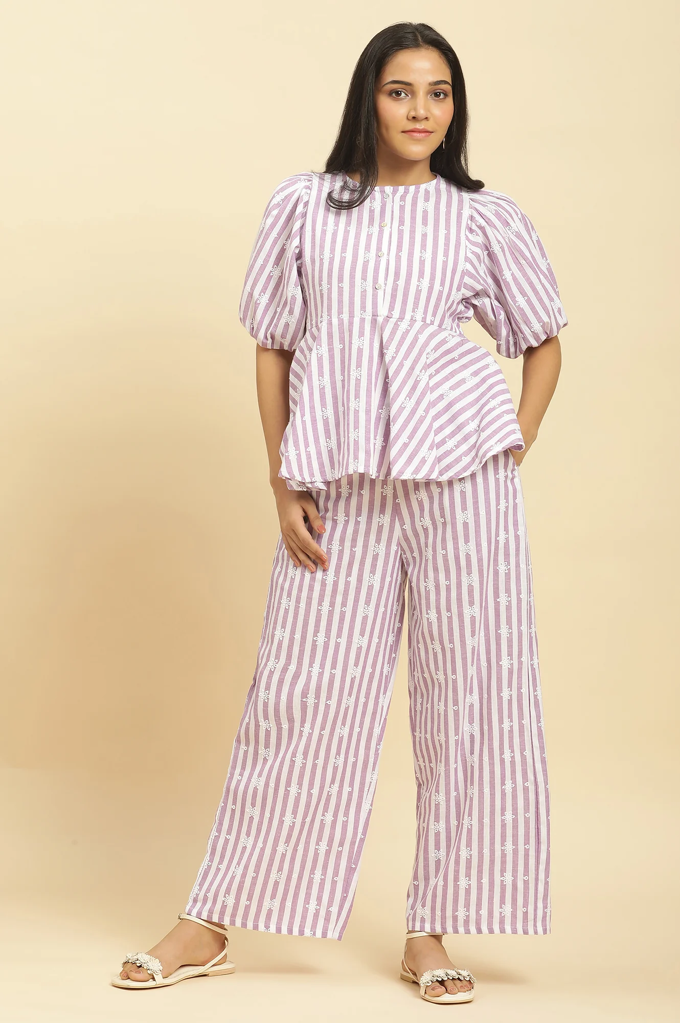 Purple And White Stripe Schiffli Peplum Top And Pants Co-ord Set - Image 2
